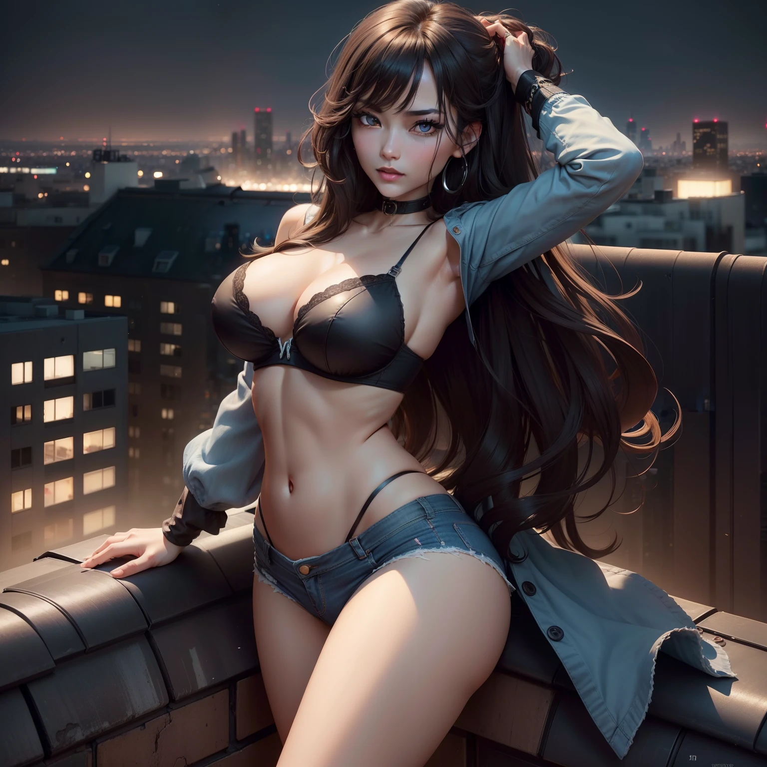 Photo of Liliana ((Midnight, Best quality, 8k, Masterpiece :1.3)), Whole body, Long legs, Sharp focus :1.2, A pretty woman with perfect figure :1.4, Slender abs :1.1, ((Dark brown hair, Big breasts :1.2)), (White tight push up bra, denim panties, Standing:1.2), ((Night city view, Rooftop:1.3)), Highly detailed face and skin texture, Detailed eyes, Double eyelid