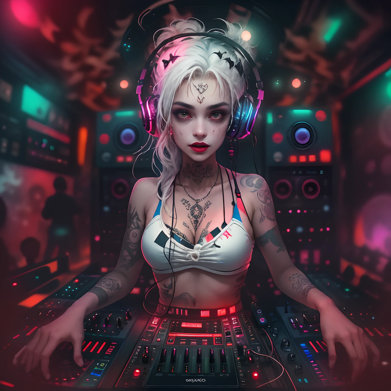 Upper body, Female vampire DJ, Look at the crowd,Vampires,Wear a bikini,Tattooed with,Red eyes,White hair, Quirky, Vibrant appearance, Playful accessories, Bright colors,Creative behavior, Rambled, Sensual, Spontaneous, DJ headphones, ((Mixing Console)), glitchpunk girl, raver girl,Music Clubs, night club, Independent cinema, People dancing on dance floor background, Underground danceclub, Underground danceclub,night club, Highest quality, Skin texture, Intricate details, (Cinematic lighting), RAW photo, 8K,Psychedelic surrealist art,Surrealist psychedelic design,dream art style,Illusion psychedelic art, Colorful dark vectors,