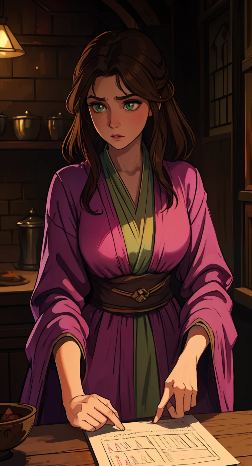 A beautiful woman with green eyes and brown hair She is a sorceress wearing silk robes Low lighting Pink lips in the kitchen A princess of magic and a sad look of dramatic concern An art for an RPG A medieval art for RPG