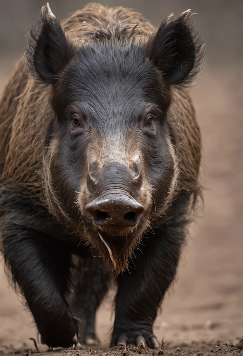 A huge wild boar,Dark style,huge tusks,Huge body contrast