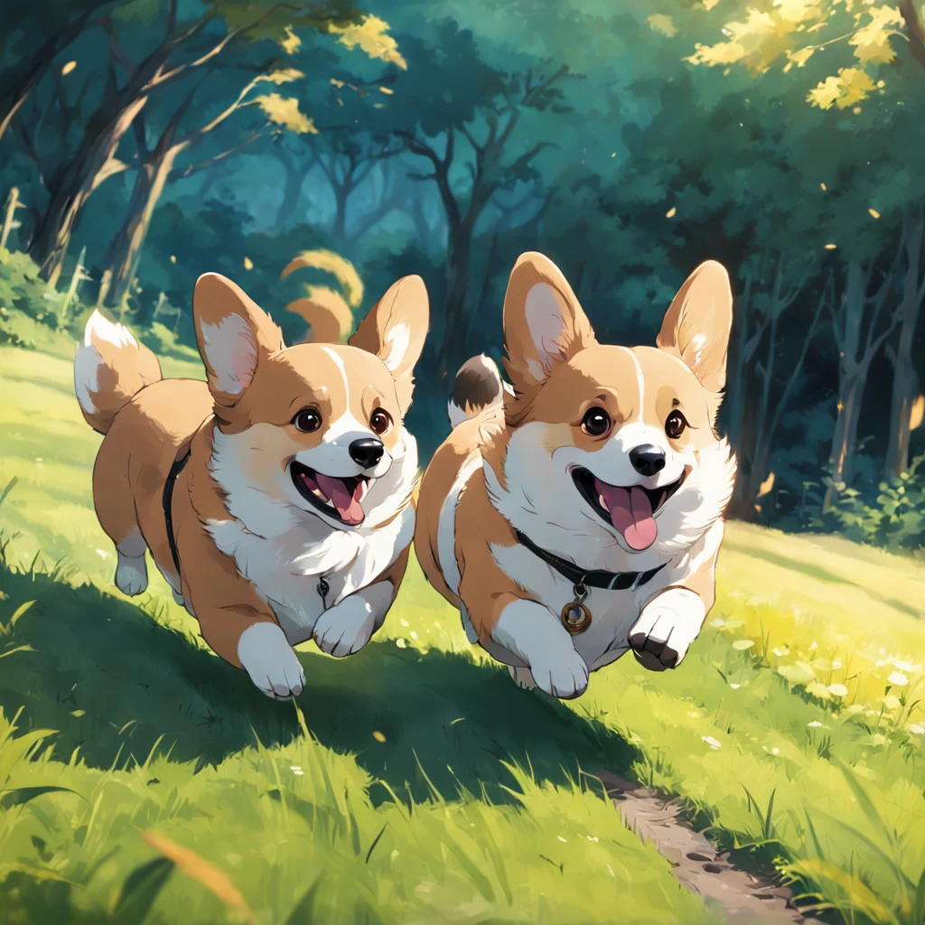 2 corgi running and playing in the grass