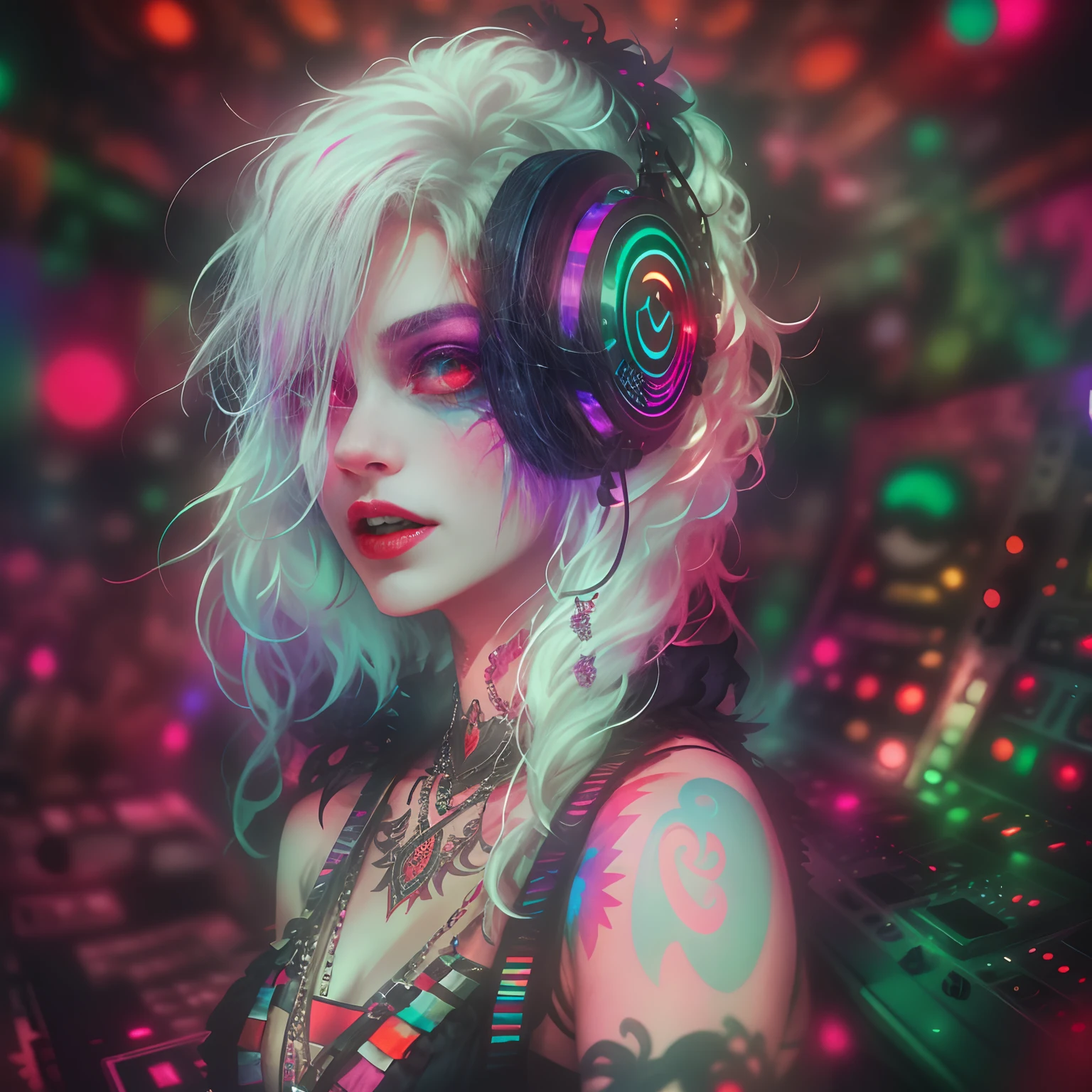 Upper body, Female vampire DJ, Look at the crowd，Vampires,Wear a bikini，Tattooed with，Red eyes，White hair， Quirky, Vibrant appearance, Playful accessories, Bright colors，Creative behavior, Rambled, Sensual, Spontaneous, DJ headphones, ((Mixing Console)), glitchpunk girl, raver girl,Music Clubs, night club, Independent cinema, People dancing on dance floor background, Underground danceclub, Underground danceclub，night club, Highest quality, Skin texture, Intricate details, (Cinematic lighting), RAW photo, 8K，Psychedelic surrealist art，Surrealist psychedelic design，dream art style，Illusion psychedelic art， Colorful dark vectors,