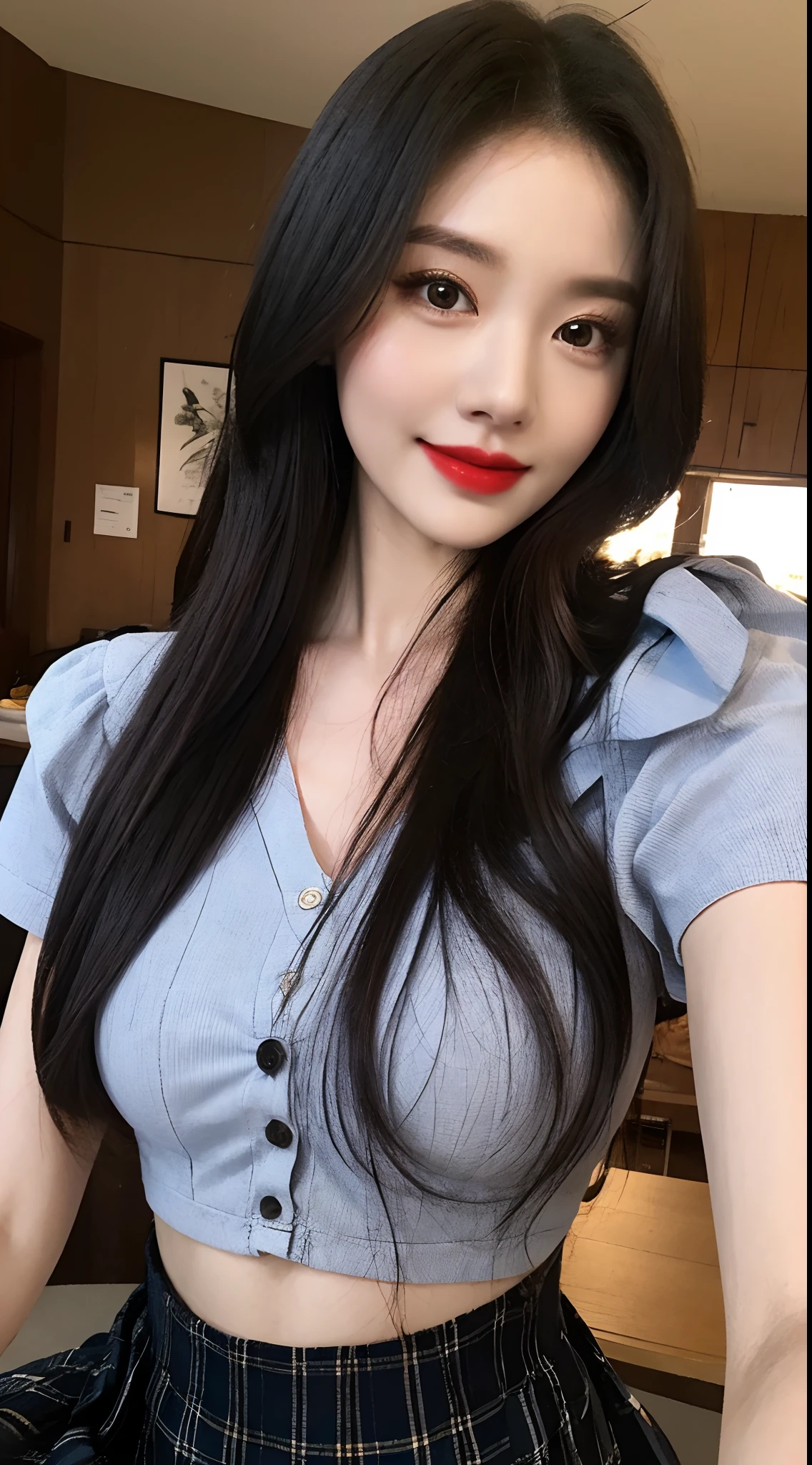 high detal，8K分辨率，超高分辨率，Best image quality，a beauty girl，lipsticks，Love pupils，Peerless beauty，Messy black straight hair，shoulder-length short hair，（Coiled hair）Smooth hair，Intense and beautiful makeup，Exquisite and perfect facial features，the most beautiful big eyes，Be red in the face，Sweet smile，（Wearing a blue lace shirt with buttons，tiese ，Plaid pleated skirt）Open navel，Thin waist，（Full breasts）Get close to the viewer，dynamic angle，Extreme picture quality，Highest accuracy