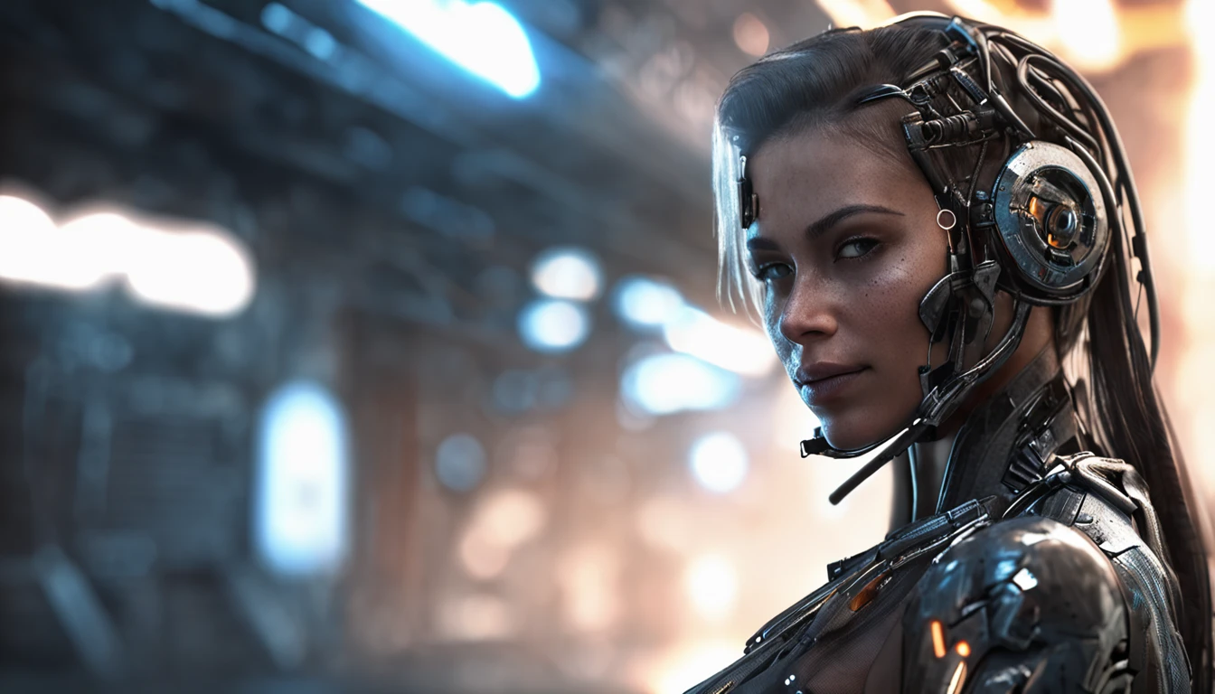 a beautiful woman cyborg warrior in the Style-RustMagic, cyberpunk augmentation, cyberware, Cyborg, carbon fibers, Chrome, Implants, metal skull, Cyber plate armor, (Dark atmosphere:1.2), (Heavy fog & Smoke), (Dark night:1.3), the scars, (dark medium length disheveled hair:1.1), (eye shadows:1.1), (beautifully detailed glow:1.2), (Cinematic lighting), intricately details, A high resolution, Rounded eyes, Detailed facial features, Sharp focus, smooth, Aesthetic, detailed dark industrial factory background, Stylish pose, Dynamic pose, (dramapaint), (OPT-6000:0.9)
