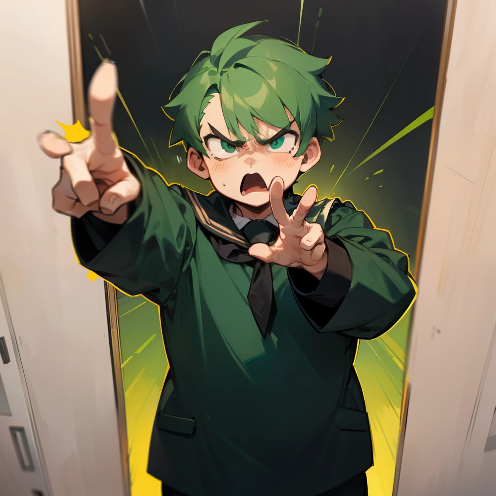 A fat boy with short green hair and a black school uniform，Angry expressions，angry look，fatness，dementia，Stretch out your right hand and point at yourself
