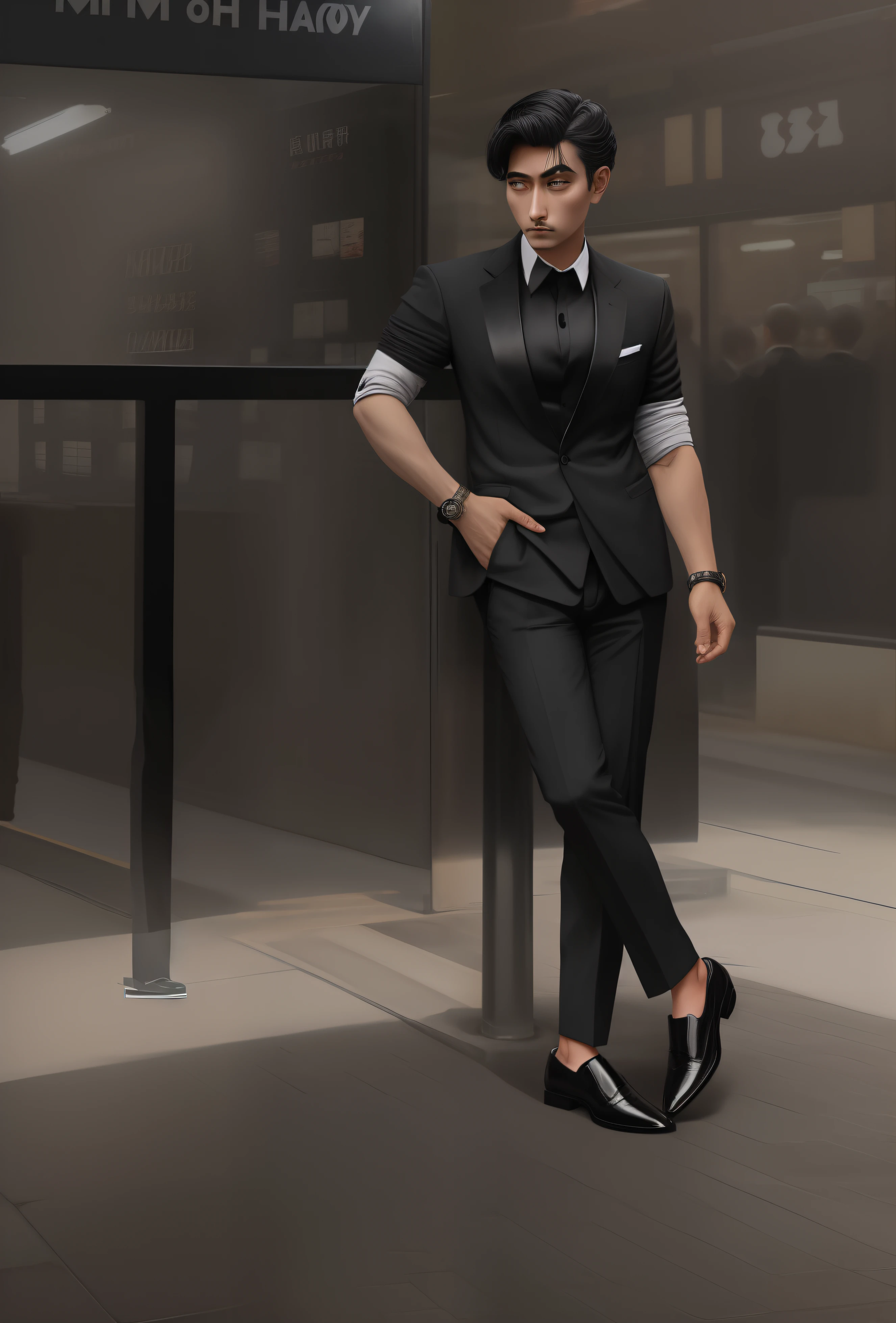 Wearing black blazer and trouser with black formal shoes standing at share market street no face change
