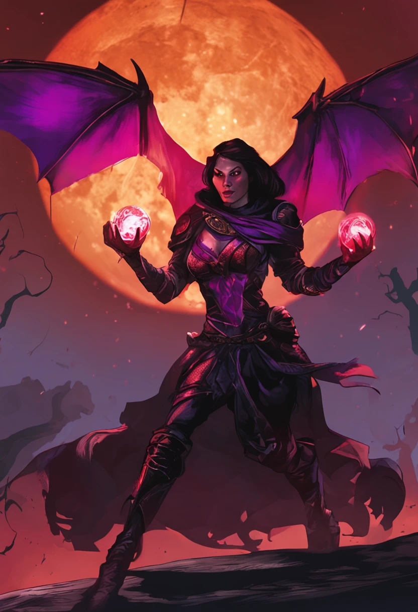 Baldur's Gate at night,Female mage Tiefling,Fireball Technique。