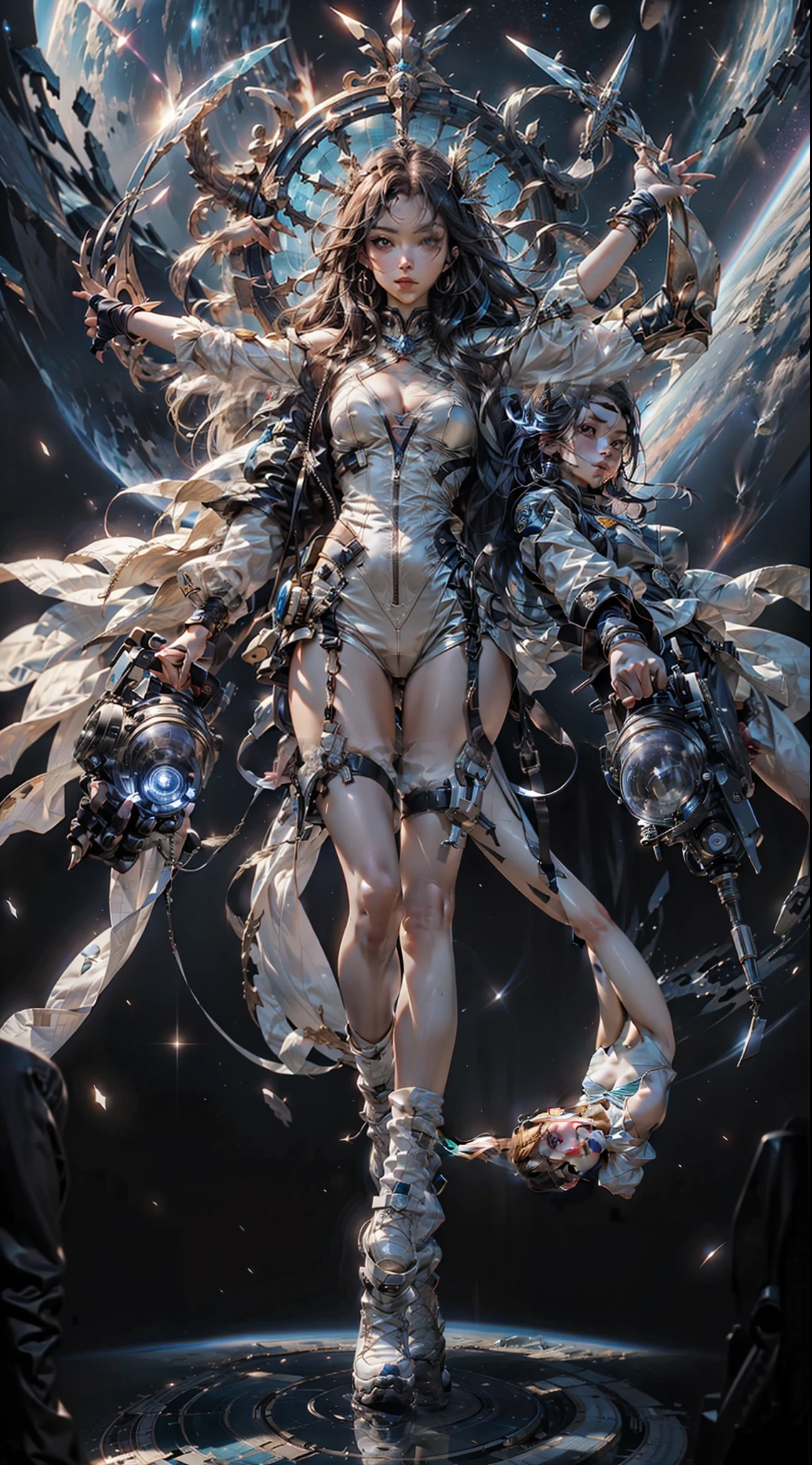 (maximum resolution: 1.2), (Ultra HDTV: 1.2), 8K resolution, Eye and skin detail, detailed facial features, , ( Sharp focus: 1.2), (Focus focus) face: 1.2), Girl standing, On 1 Planet, Pajamas, Outstretched arms, (long hair), Black hair, (spacescape), Many stars.
