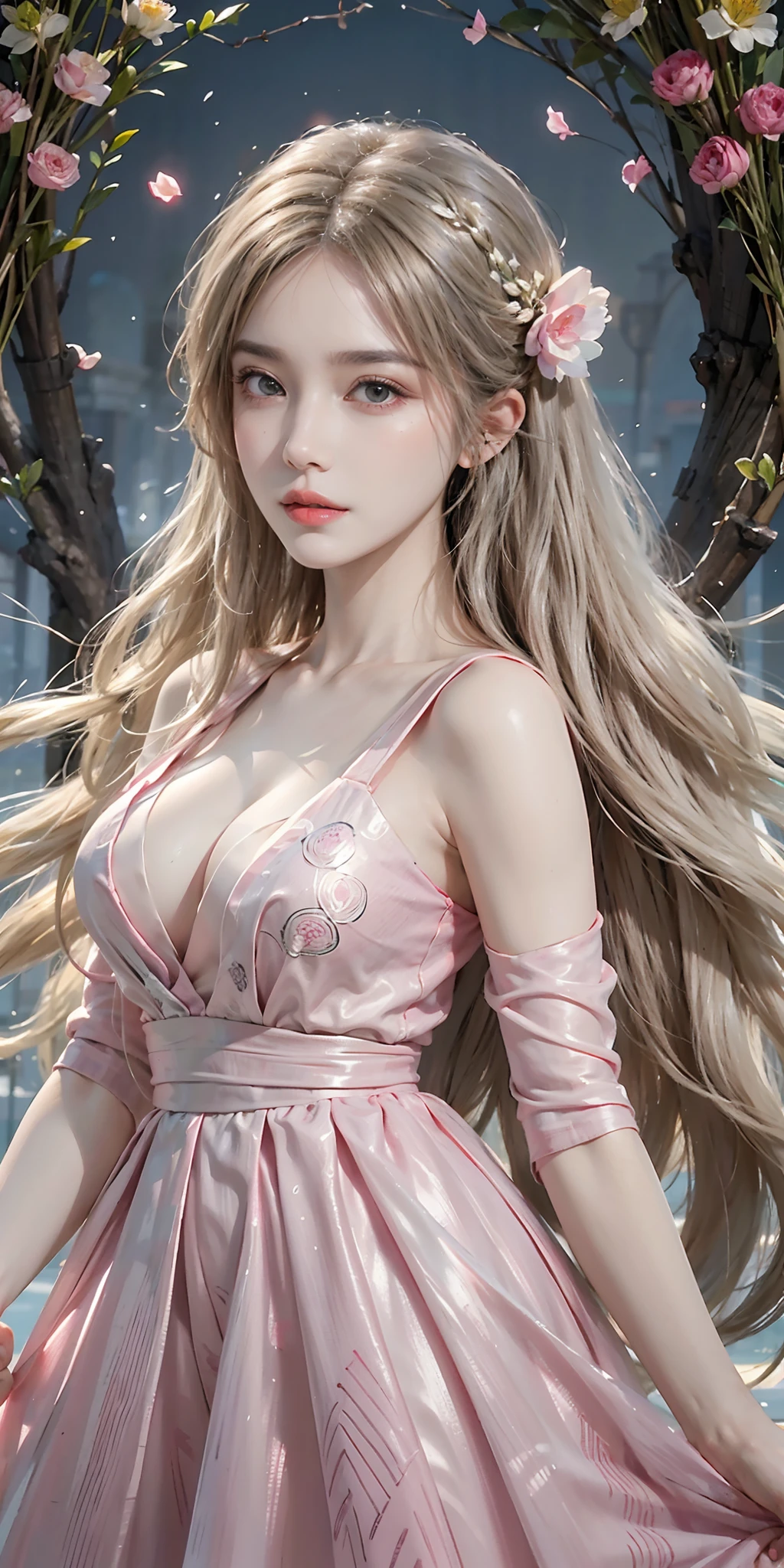 (absurdres, highres, ultra detailed), 1girl (mature female), wavy blonde hair, long hair, blunt bangs, green eyes, pink dress, finely detailed eyes and detailed face, extremely detailed CG unity 8k wallpaper, intricate details , kaleidoscopic imagery, symmetrical patterns, vibrant colors, geometric shapes, mesmerizing designs, optical illusions, dynamic composition , pantomime art, expressive body language, silent storytelling, evocative gestures, visual narratives, theatrical performances , blooming flowers, colorful petals, fragrant scents, nature's bounty, vibrant gardens, peaceful scenery