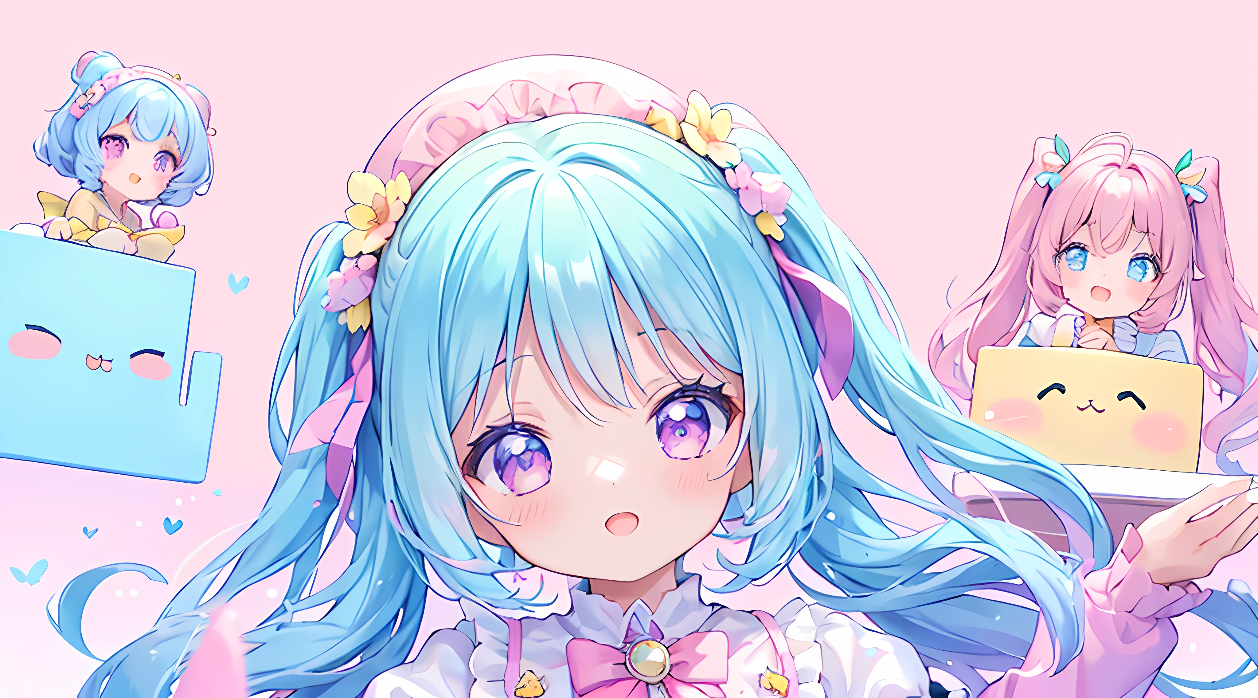 masterpiece, (2girls and 2girls and 2girls and 2girls), idol, closeup, big eyes, kawaiitech, kawaii, cute, pastel colors, best quality, happy, deep background, symmetrical, tilted head, spring