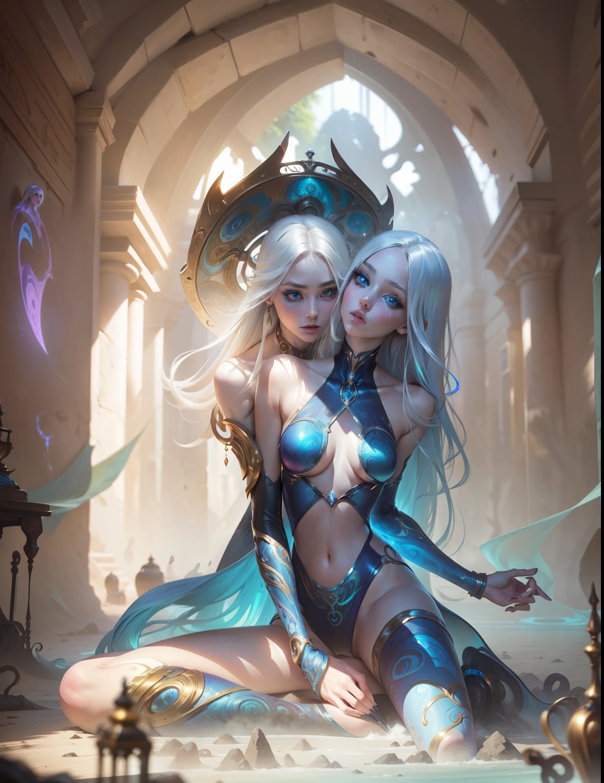 Masterpiece, Best Quality, Girls looking at each other , Slender, Blue Eyes, Hair Color, Iridescent, Long Hair Spreading, White Skin, Medium, Cute, Sexy, Near Future, Bikini, Exposed Skin, Night, Psychedelic, Trip, Extreme Color, Paisley Theme, Open Legs, Mechanical Left Arm, Full Body