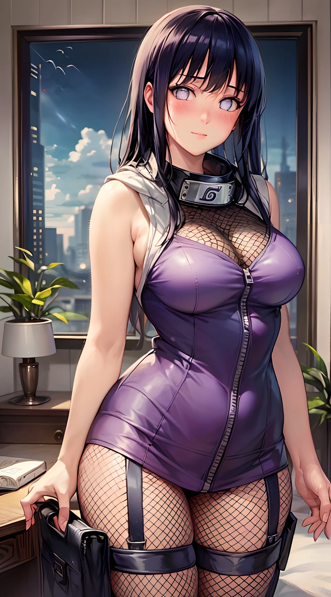 Masterpiece, High definition, high quality, detailed face, detailed body rendering, 1girl, solo, Hinata sleeveless clothing,room,, sleeveless shirt,( fishnet garment), unzipper jacket, standing, blush, (in bedroom)