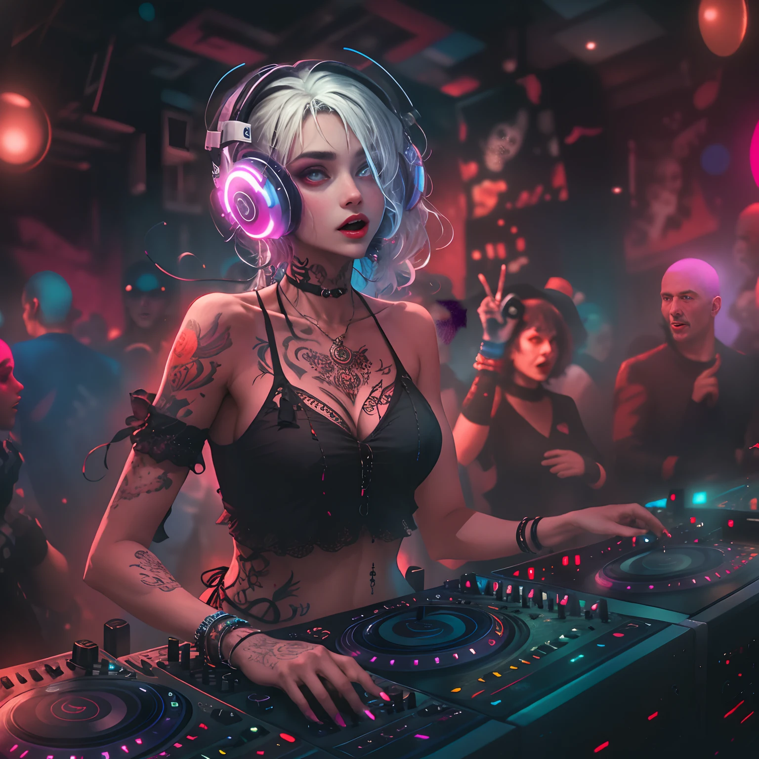 Upper body, Female vampire DJ, Look at the crowd,Vampires,Wear a bikini,Tattooed with,Red eyes,White hair, Quirky, Vibrant appearance, Playful accessories, Bright colors,Creative behavior, Rambled, Sensual, Spontaneous, DJ headphones, ((Mixing Console)), glitchpunk girl, raver girl,Music Clubs, night club, Independent cinema, People dancing on dance floor background, Underground danceclub, Underground danceclub,night club, Highest quality, Skin texture, Intricate details, (Cinematic lighting), RAW photo, 8K,Psychedelic surrealist art,Surrealist psychedelic design,dream art style,Illusion psychedelic art, Colorful dark vectors,