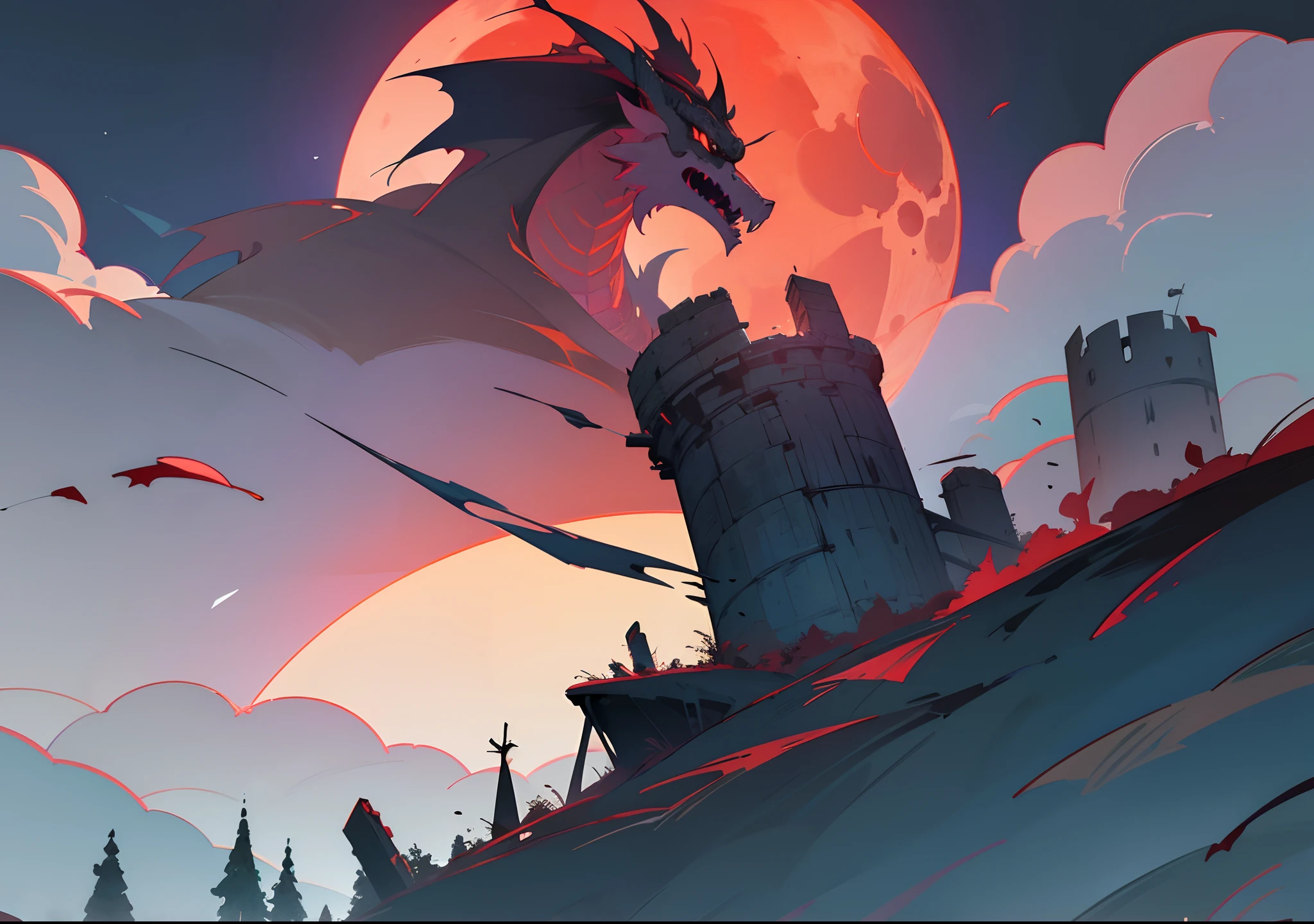 Landscape,best quality,8K,ruined castle,miasma,midnight,high detailed,forest,red full moon,deep dark,flying dragon in the sky