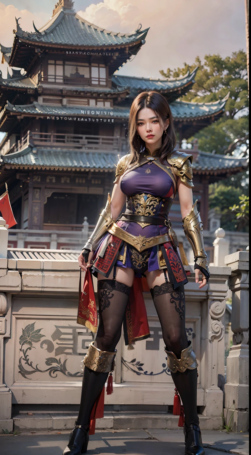 Ancient Chinese architecture，Female warriors in national style，Wear revealing armor，Simple clothing， Minimalist style，Mixed Chinese and American races，The background is blurred out，focal，Cowboy shot，电影灯光，(((tmasterpiece))), ((best qualtiy)), ((Complex and detailed)), ((ultra-realistic realism)), Ridiculous resolution, A MILF, Mature woman, ssee-through, highly  detailed, illustratio, 1girll, (mediuml breasts), Thin waist and thick hips，long leges，beatiful detailed eyes, short detailed hair, brunette color hair, a purple eye, blackstockings，lacy clothing，with faintly visible，Cool armor，The body proportions are perfect，（No underwear：1.2），detailed back ground, perfect  eyes, Seductive eye, （nice hand），Detail hands，looking at viewert，From the front，Wear light，juicy legs，deep v big breasts，Tattooed with