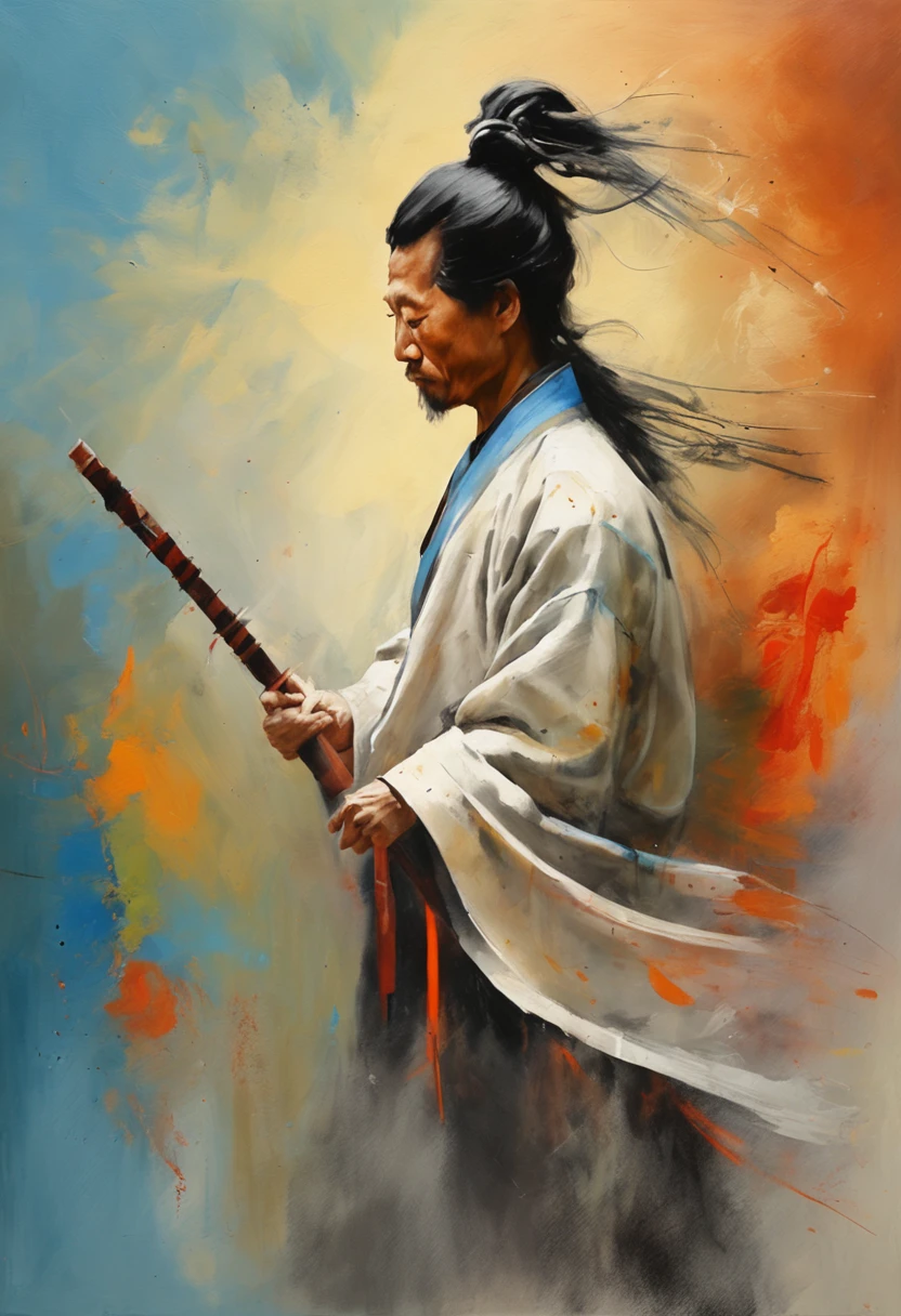 Chinese ink style,ink,Smudge,Young Taoist,One hand holds a sword behind him,The tip of the sword asked,Cultivate into an immortal,Fairy wind bone road,Tai Chi totem background,long and flowing hair,Wide robe,8k,super-fine