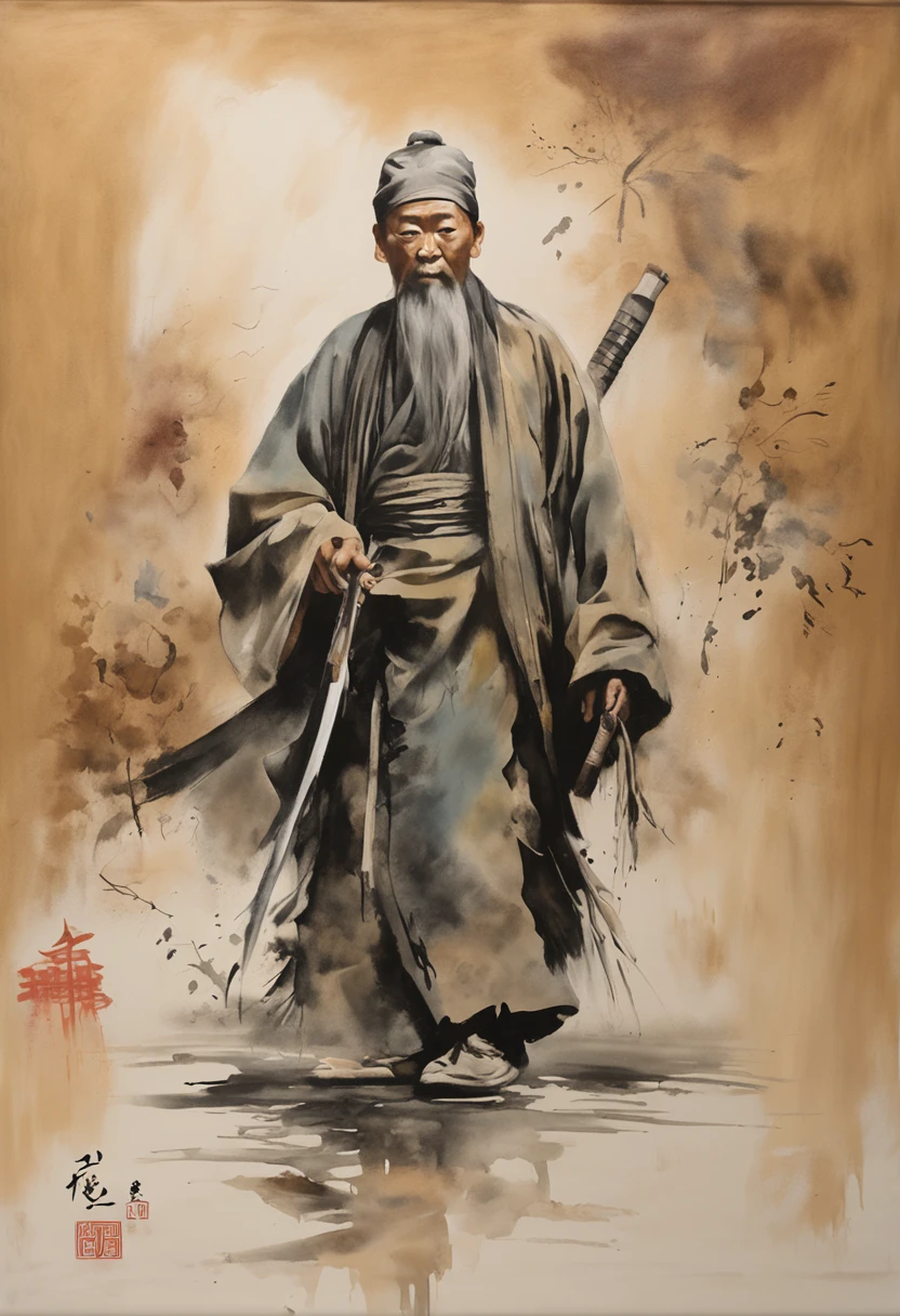 India ink style，tinta，Manchar，Young Taoist，One hand holds a sword behind him，O ponto da espada solicitada，Tornando-se um Imortal，Rota dos Ossos do Vento das Fadas，Antecedentes do totem de Tai Chi，long, flowing hair，Vestido largo，8k，Superfino