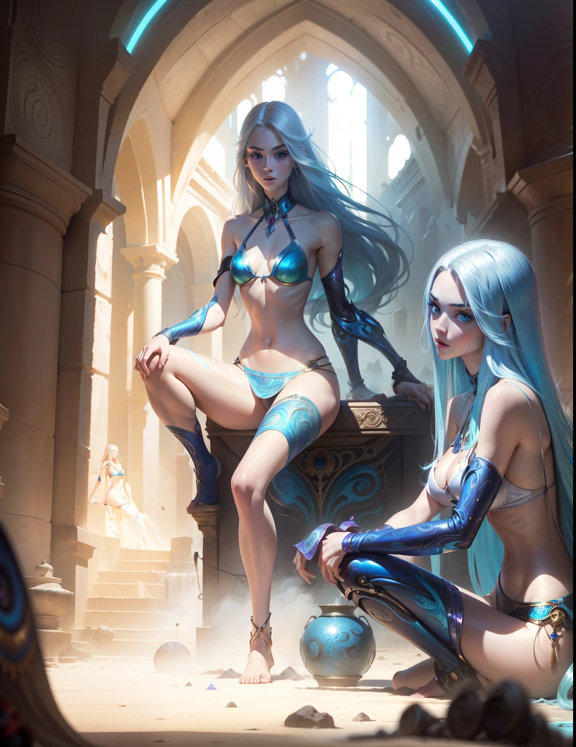 Masterpiece, Best Quality, Girls looking at each other , Slender, Blue Eyes, Hair Color, Iridescent, Long Hair Spreading, White Skin, Medium, Cute, Sexy, Near Future, Bikini, Exposed Skin, Night, Psychedelic, Trip, Extreme Color, Paisley Theme, Open Legs, Mechanical Left Arm, Full Body
