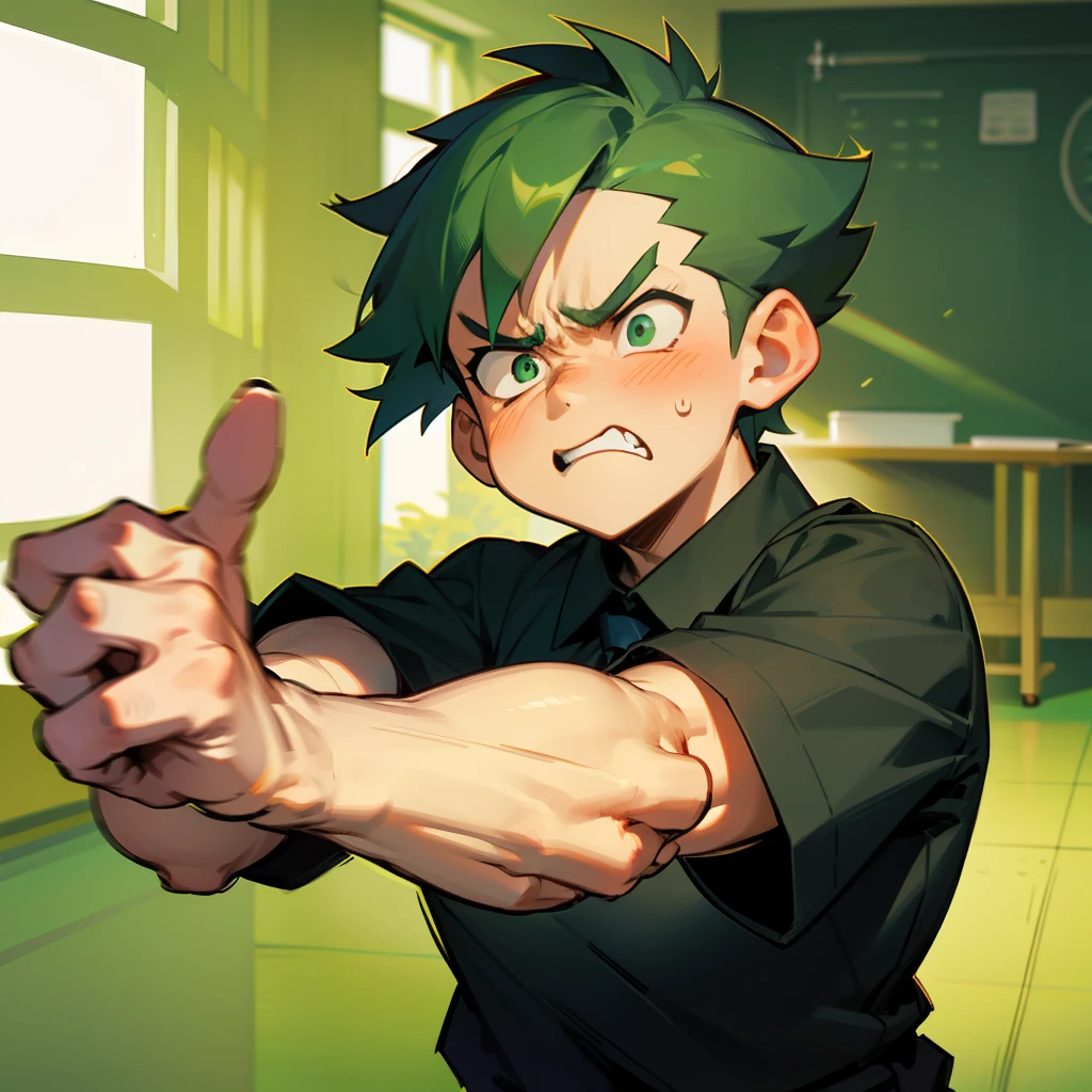 A fat boy with short green hair and a black school uniform,Angry expressions,angry look,Stretch out your right hand and point at yourself