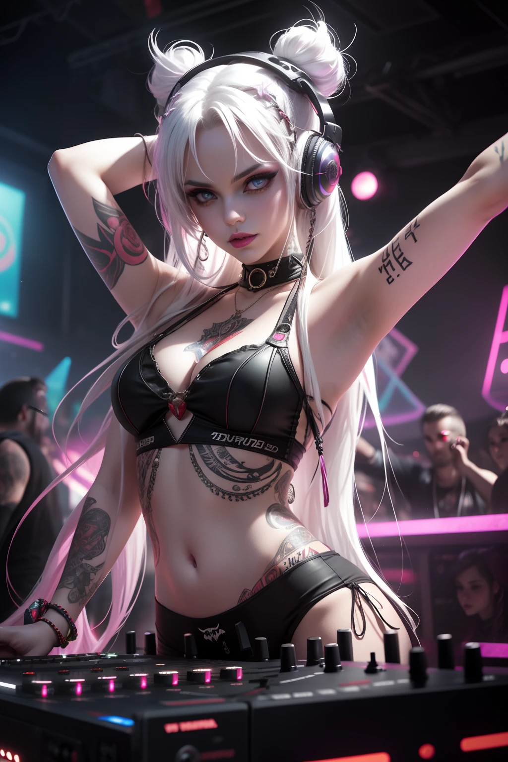 Upper body, Female vampire DJ, Look at the crowd,Vampires,Wear a bikini,Tattooed with,Red eyes,White hair, Quirky, Vibrant appearance, Playful accessories, Bright colors,Creative behavior, Rambled, Sensual, Spontaneous, DJ headphones, ((Mixing Console)), Music Clubs, night club, Independent cinema, People dancing on dance floor background, Underground danceclub, Underground danceclub,night club, Highest quality, Skin texture, Intricate details, (Cinematic lighting), RAW photo, 8K,Psychedelic surrealist art,Surrealist psychedelic design,dream art style,Illusion psychedelic art, Colorful dark vectors,