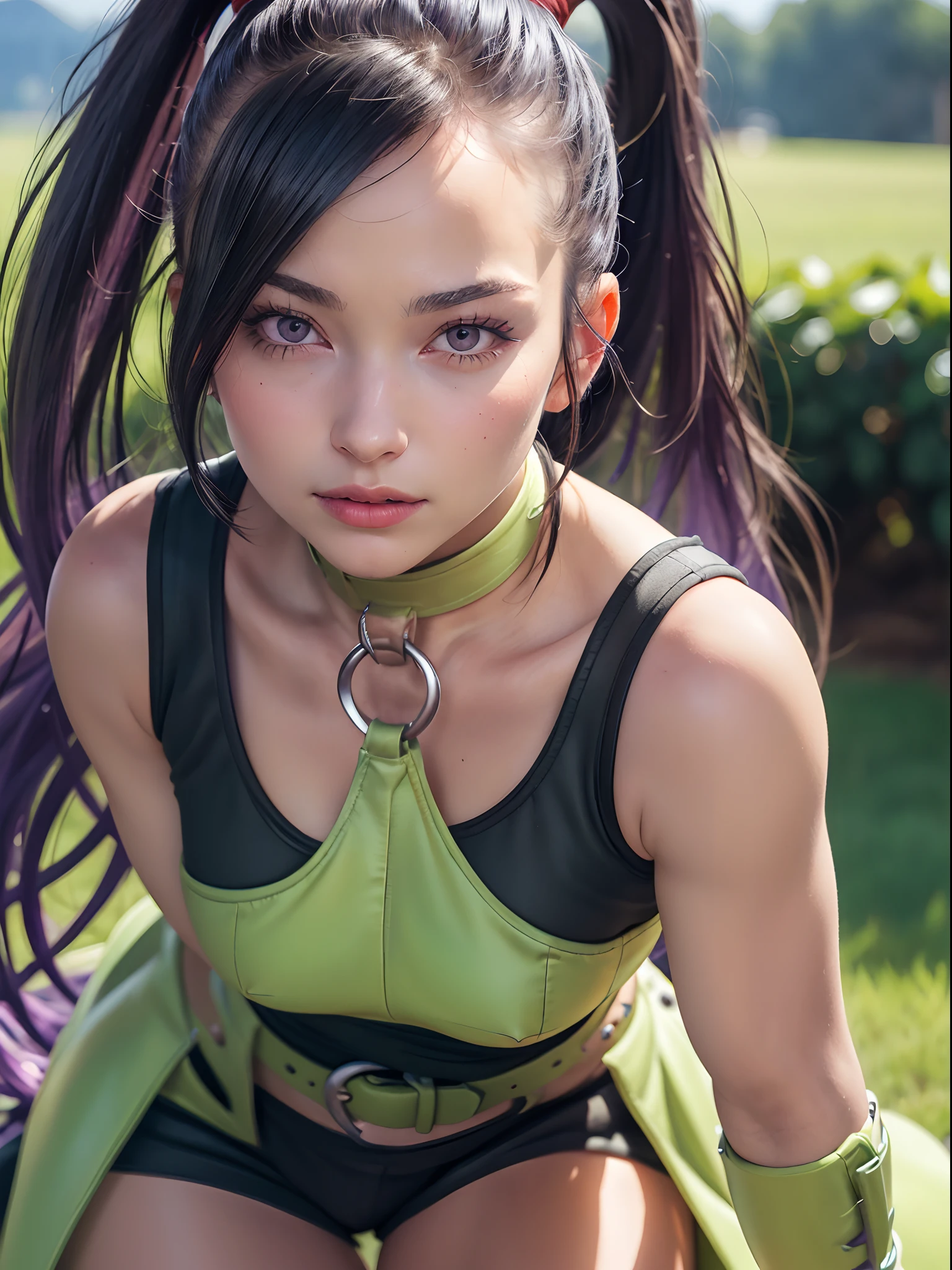 ((Masterpiece:1.4)), (high resolution:1.4), (close up:1.5), 1girl:1.5, solo, martina, purple eyes, purple hair, very long hair, ponytail, hair scrunchie, green choker, o-ring top, tank top, sleeveless, fingerless gloves, green gloves, waist cape, black shorts, green belt, boots(full body:1 5) , beautifull smile, beautiful face, highly detailed face, higly detailed eyes, highly detailed skin, skin pores, realistic pupils, full face blush, full lips, (perfect anatomy:1.1), (perfect proportions:1.1), (photography:1.1), (photorealistic:1.1), volumetric lighting, dynamic lighting, real shadows, (highres:1.1), sharp focus, daylight, (realistic, hyperrealistic:1.4), intricate, high detail, dramatic, subsurface scattering, big depth of field, vivid, polished, sharpened, ((full Sharp)), (extremely absurdres),16k hdr,