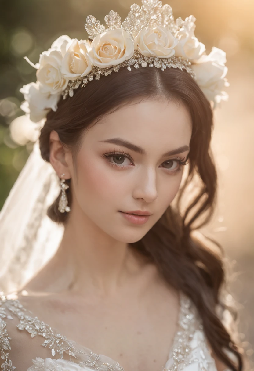 photograph full body, beautiful bride, Thai woman 30 years old, brown Curly hair, Elegant silk fabric shiny and sparkling. Lace Headscarf , Stand facing forward. flower background.