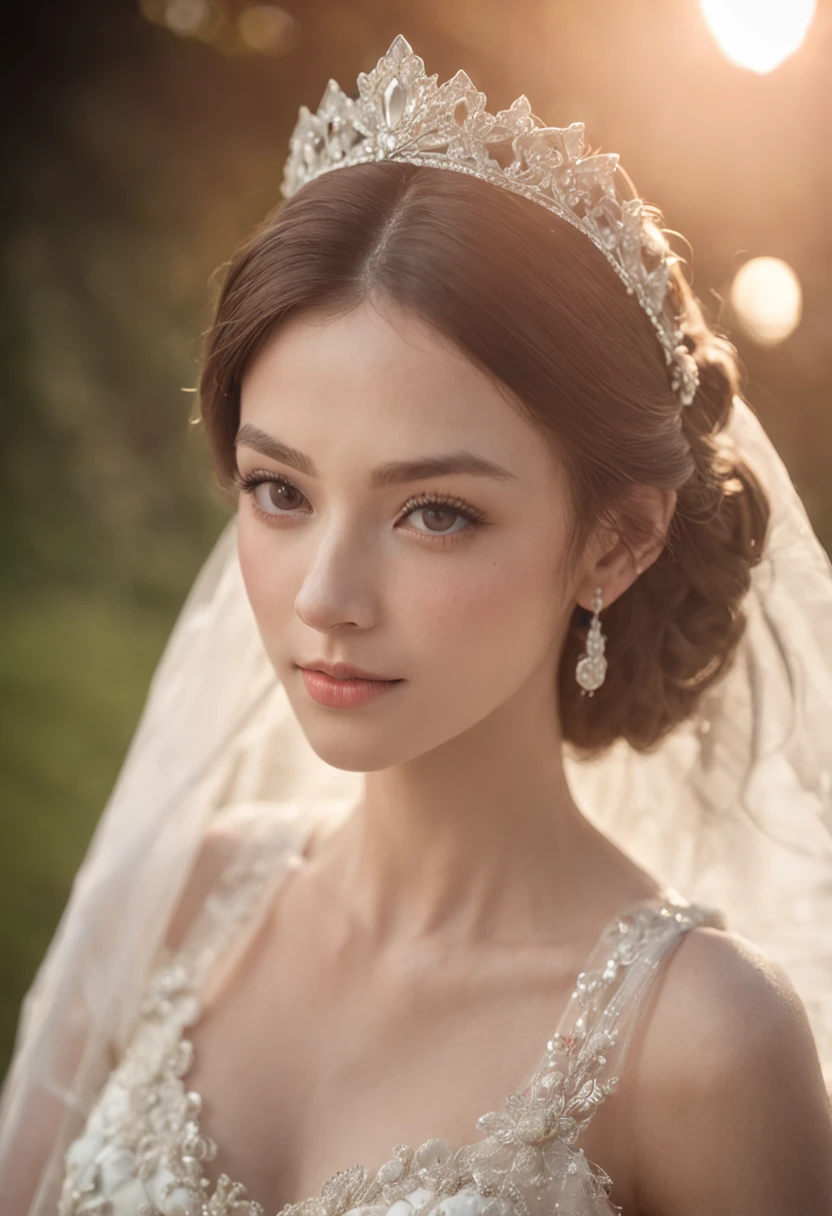 （（best qualtiy））， （（tmasterpiece）） Wedding princess dress， ray of lights， lens flare glow， White petals， Delicate face