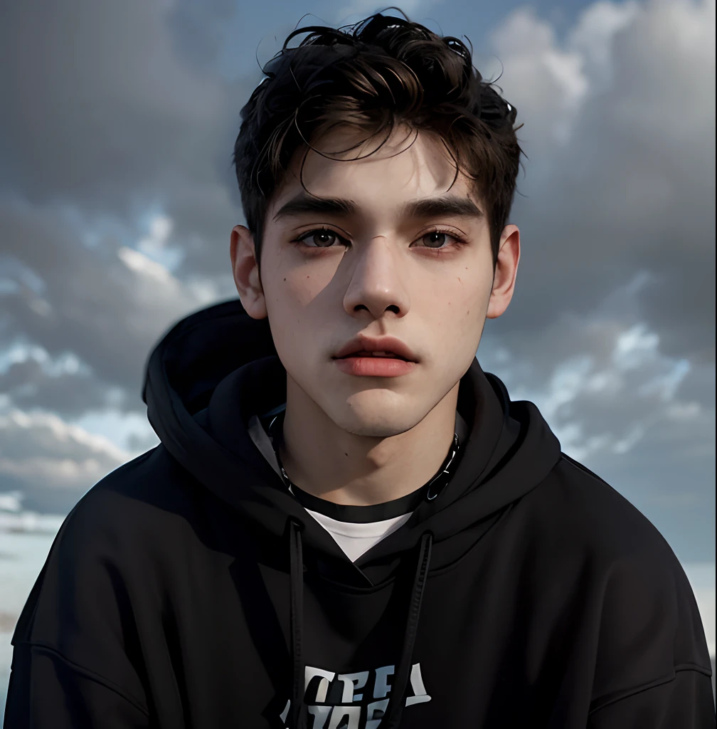 (masterpiece:1.2), (best quality:1.2), hyper realistic,highestres,absurdres,extremely detailed,volumetic,dramatic lighting,(frontal view),
20 year old boy,face,detailed eyes, white hoodie, black t-shirt, with background ((sky))