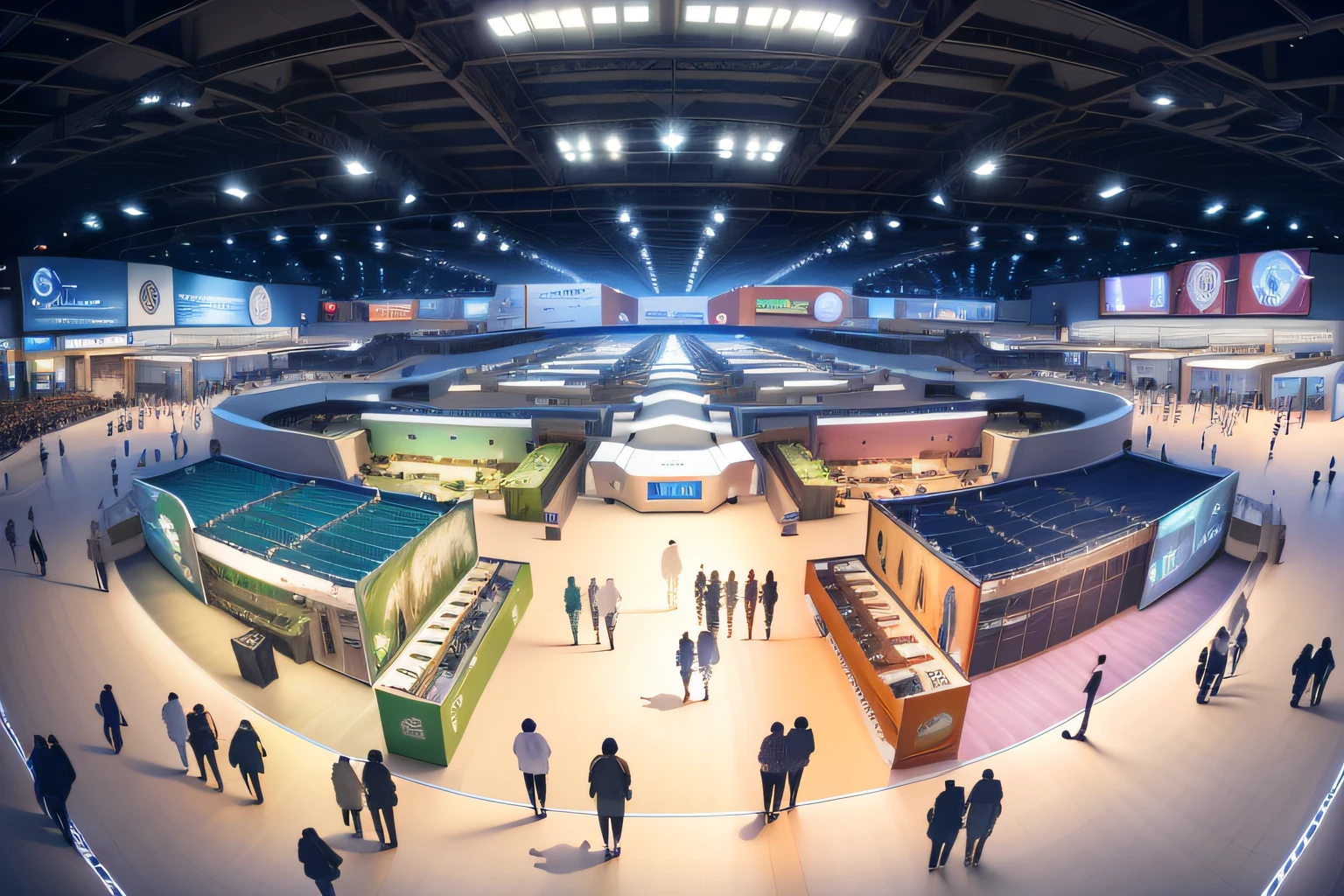 Alafid view of a large indoor arena,People are moving around, exhibition hall lighting, displayed in the exhibition hall, , ultra wide angle isometric view, detailed photo of virtual world, softair arena landscape, tons of rooms, showcases full of embryos, a wide full shot