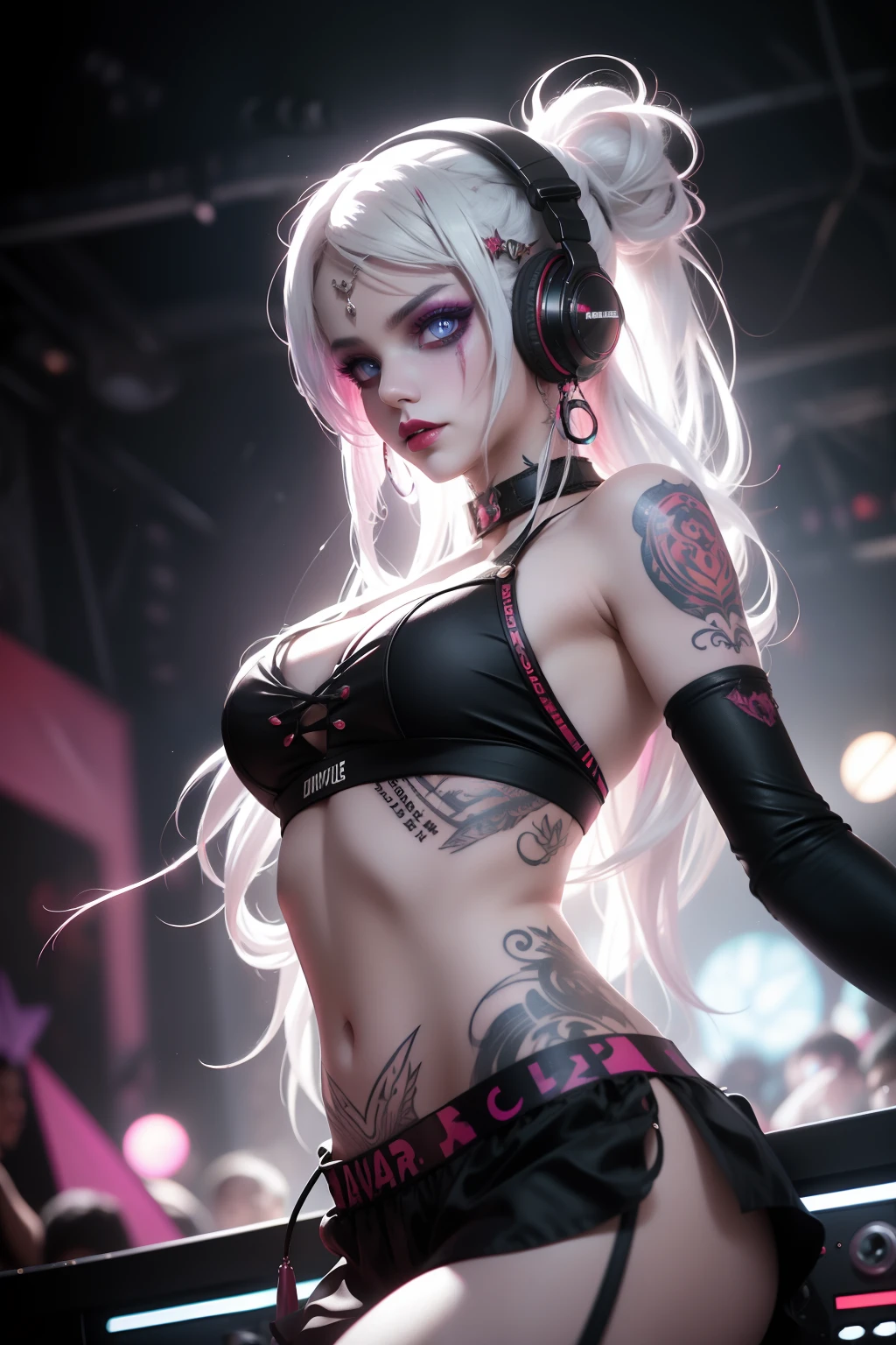 Upper body, Female DJ, Vampires,Wear a bikini,Tattooed with,Red eyes,White hair, Quirky, Vibrant appearance, Playful accessories, Bright colors,Creative behavior, Rambled, Sensual, Spontaneous, DJ headphones, Mixing Console, Music Clubs, night club, Independent cinema, People dancing on dance floor background, People dancing on dance floor background, Underground danceclub, Underground danceclub,Highest quality, Skin texture, Intricate details, (Cinematic lighting), RAW photo, 8K,Psychedelic surrealist art,Surrealist psychedelic design,dream art style,Illusion psychedelic art, Colorful dark vectors,