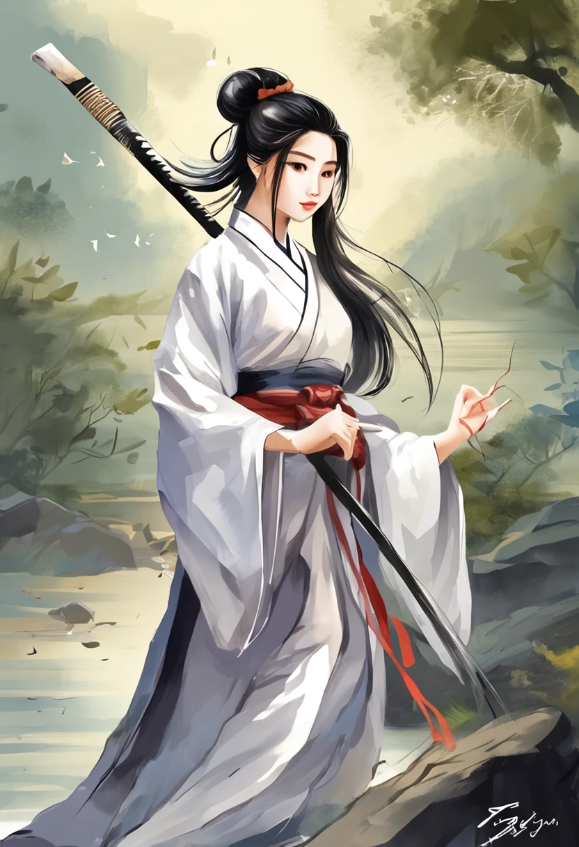 Chinese ink style,ink,Smudge,Young Taoist,One hand holds a sword behind him,Sword Tip asked。,Cultivate into an immortal,Fairy Wind Bone Road,Tai Chi totem background,long and flowing hair,Wide robe,8K,super-fine