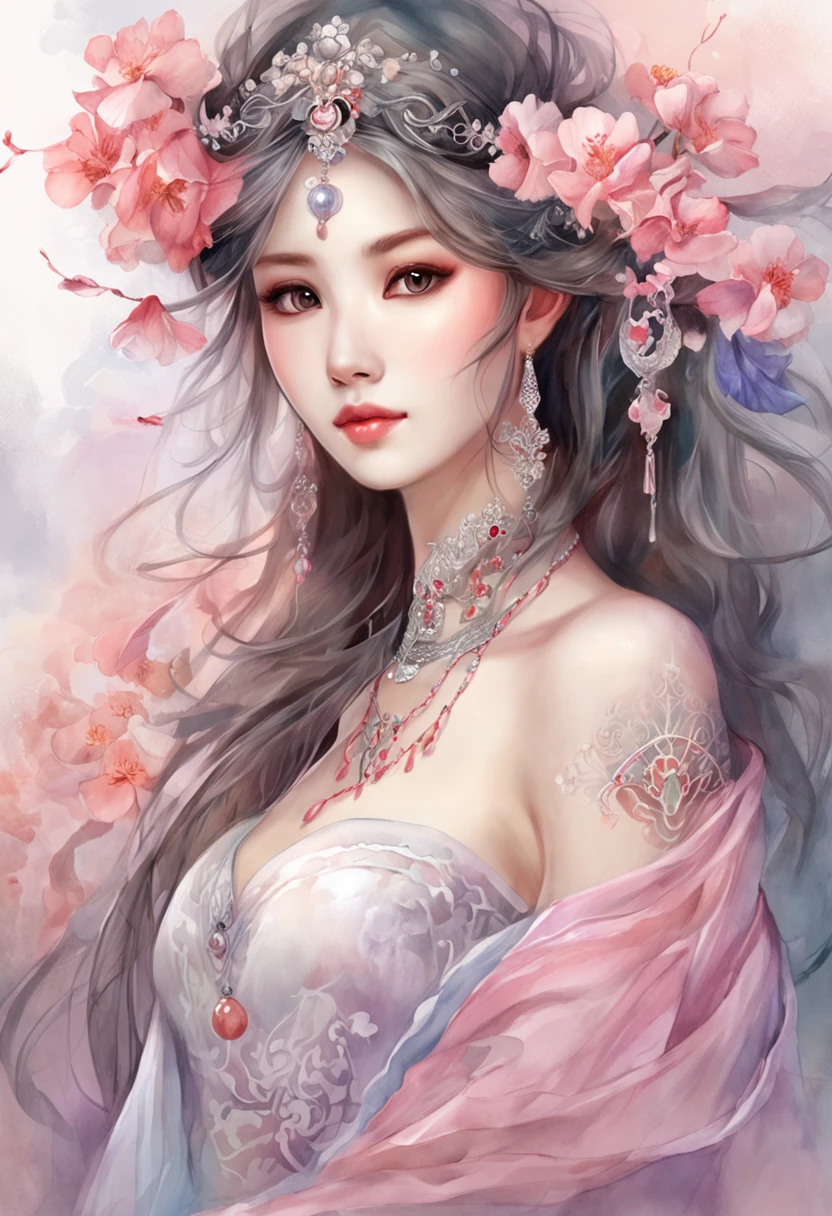 best qualtiy， tmasterpiece， 超高分辨率, Close-up of a woman in a bluish-pink flowing gauze dress, close-up all over the body, sexy for, cropped shoulders, beautiful teenage girl, a beautiful fantasy empress, Ethereal beauty, beautiful fantasy maiden, Beautiful goddess, ((a beautiful fantasy empress)), Oriental fantasy, Ethereal fantasy, Detailed scenes, amazing pose, Eye-catching accessories, Picturesque