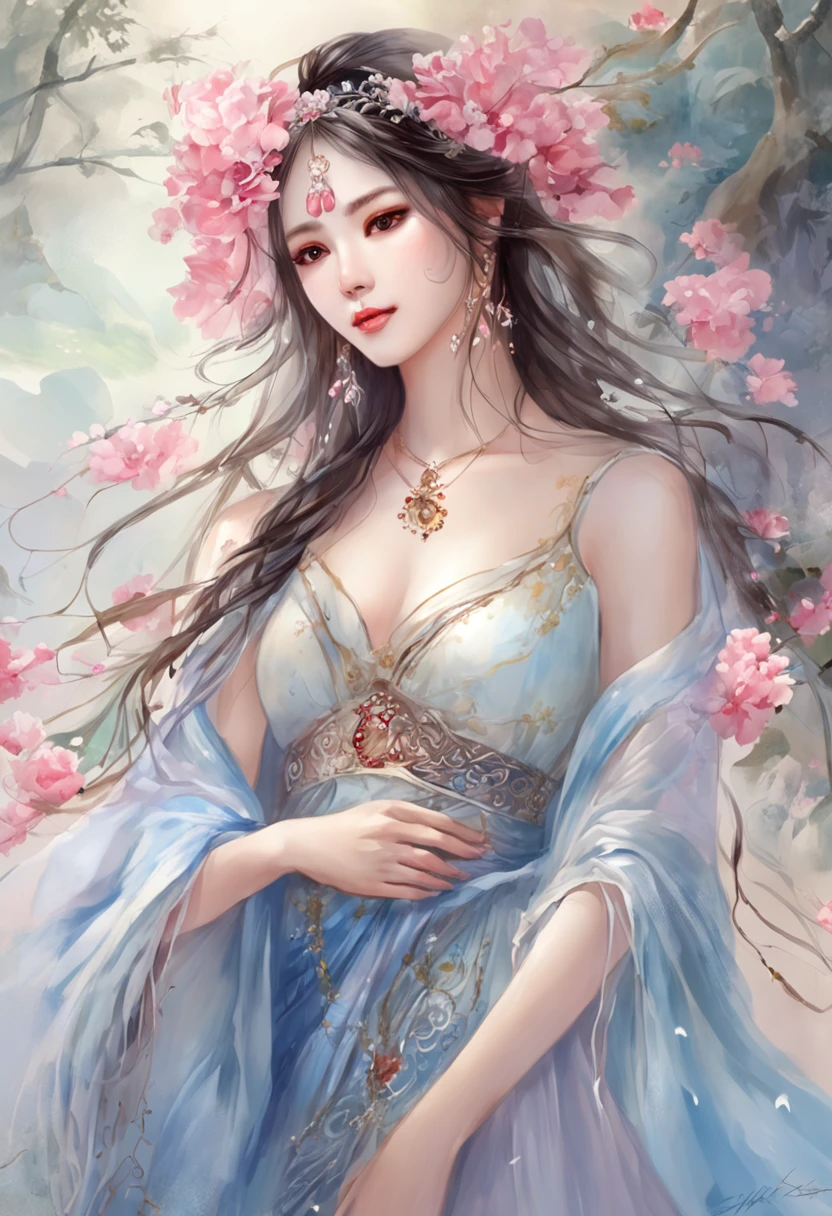best qualtiy, tmasterpiece, 超高分辨率, Close-up of a woman in a bluish-pink flowing gauze dress, close-up all over the body, sexy for, cropped shoulders, beautiful age girl, a beautiful fantasy empress, Ethereal beauty, beautiful fantasy maiden, Beautiful goddess, ((a beautiful fantasy empress)), Oriental fantasy, Ethereal fantasy, Detailed scenes, amazing pose, Eye-catching accessories, Picturesque
