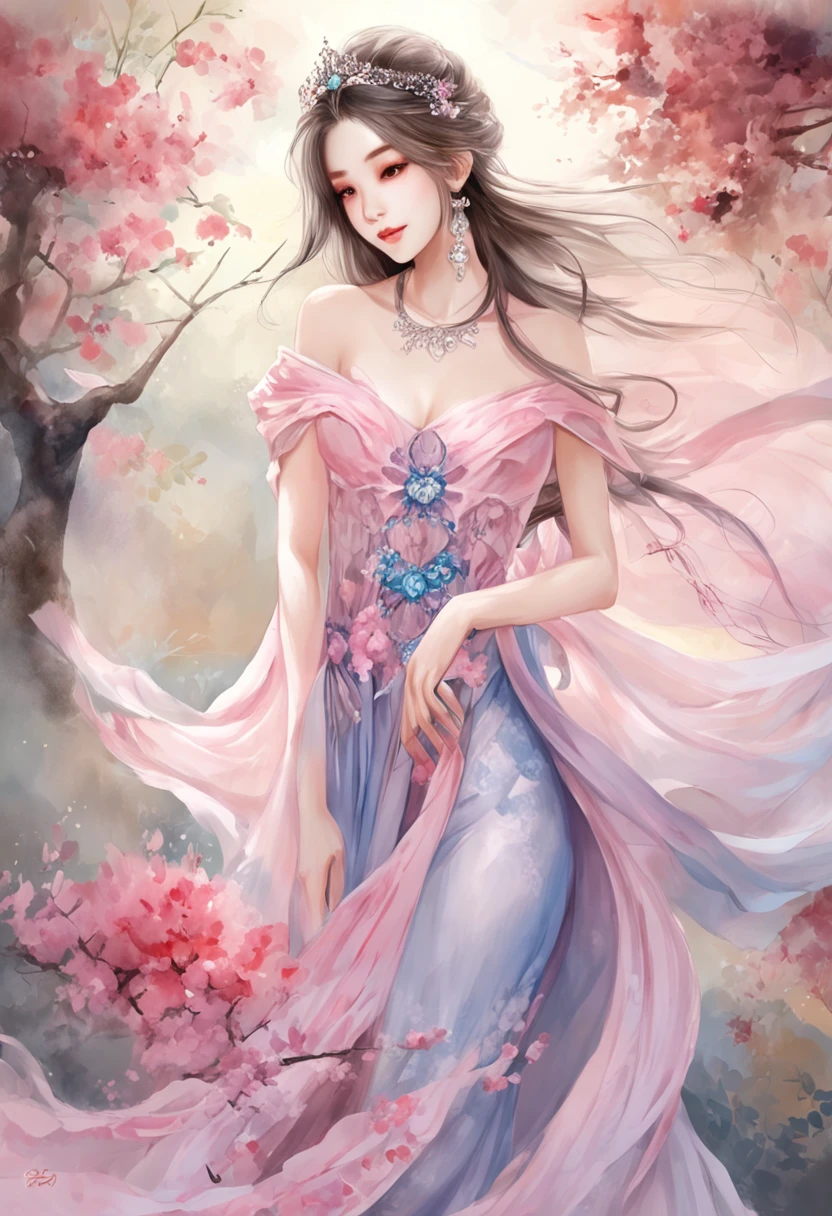 best qualtiy, tmasterpiece, 超高分辨率, Close-up of a woman in a bluish-pink flowing gauze dress, close-up all over the body, sexy for, cropped shoulders, beautiful age girl, a beautiful fantasy empress, Ethereal beauty, beautiful fantasy maiden, Beautiful goddess, ((a beautiful fantasy empress)), Oriental fantasy, Ethereal fantasy, Detailed scenes, amazing pose, Eye-catching accessories, Picturesque