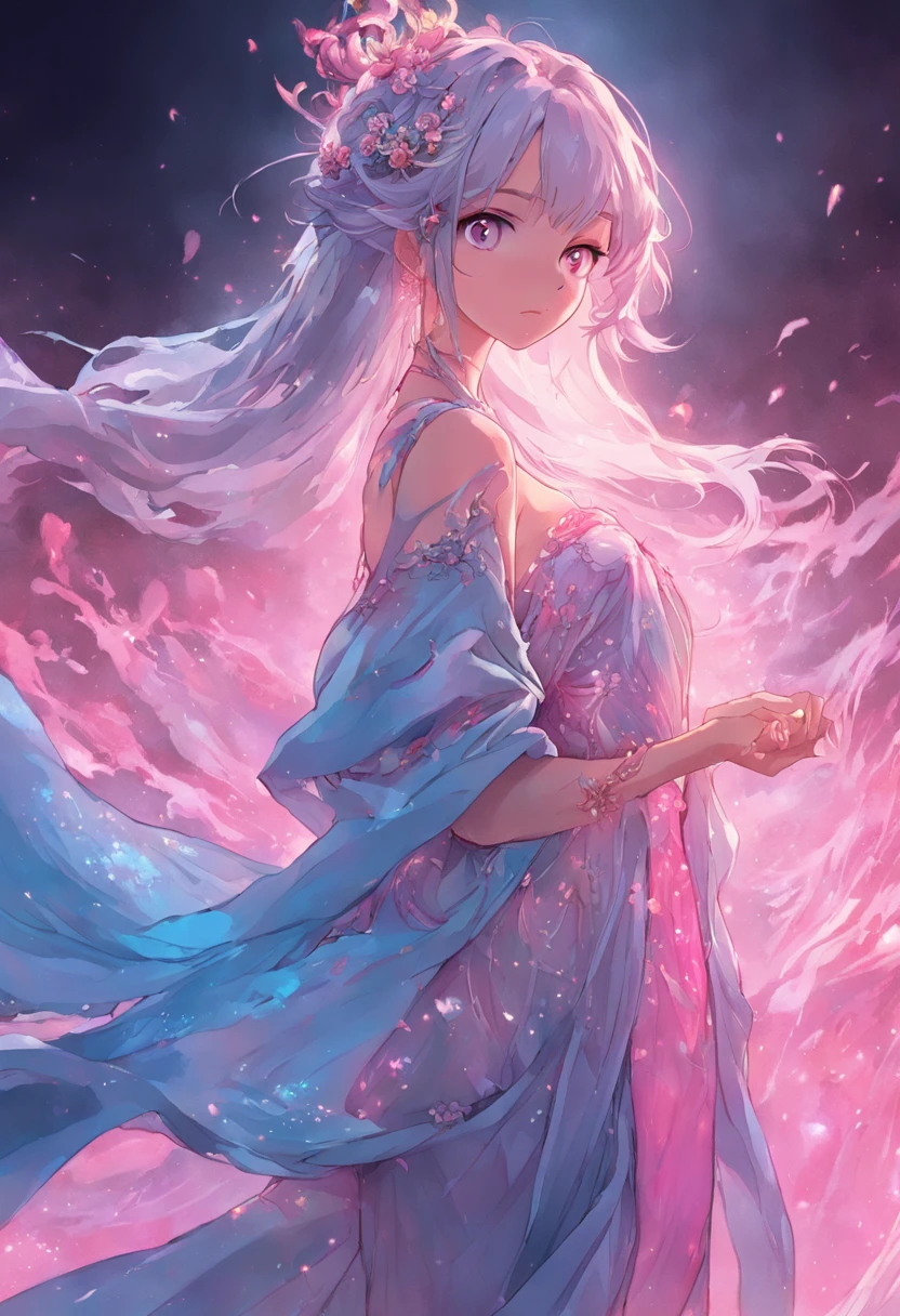 best qualtiy， tmasterpiece， 超高分辨率, Close-up of a woman in a bluish-pink flowing gauze dress, close-up all over the body, sexy for, cropped shoulders, beautiful age girl, a beautiful fantasy empress, Ethereal beauty, beautiful fantasy maiden, Beautiful goddess, ((a beautiful fantasy empress)), Oriental fantasy, Ethereal fantasy, Detailed scenes, amazing pose, Eye-catching accessories, Picturesque