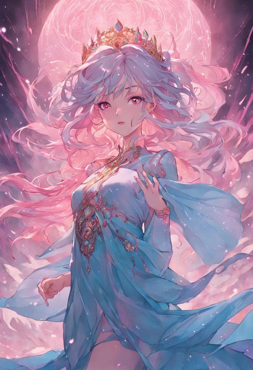 best qualtiy, tmasterpiece, 超高分辨率, Close-up of a woman in a bluish-pink flowing gauze dress, close-up all over the body, sexy for, cropped shoulders, beautiful age girl, a beautiful fantasy empress, Ethereal beauty, beautiful fantasy maiden, Beautiful goddess, ((a beautiful fantasy empress)), Oriental fantasy, Ethereal fantasy, Detailed scenes, amazing pose, Eye-catching accessories, Picturesque