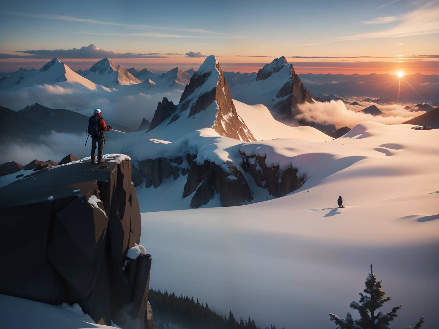 Top of a snowy mountain，the sunset，Climbers holding binoculars