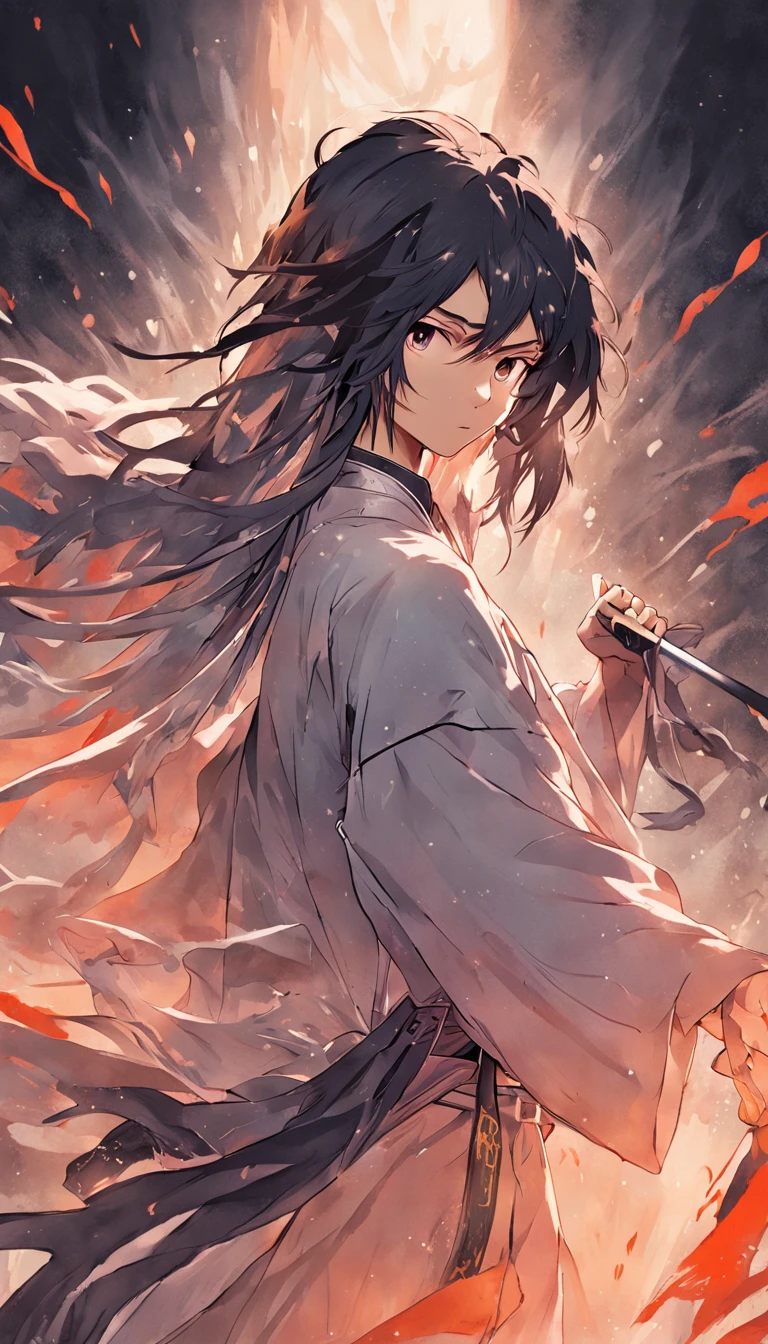 Chinese ink style,ink,Smudge,Young Taoist,One hand holds a sword behind him,Sword Tip asked。,Cultivate into an immortal,Fairy Wind Bone Road,Tai Chi totem background,long and flowing hair,Wide robe,8K,super-fine