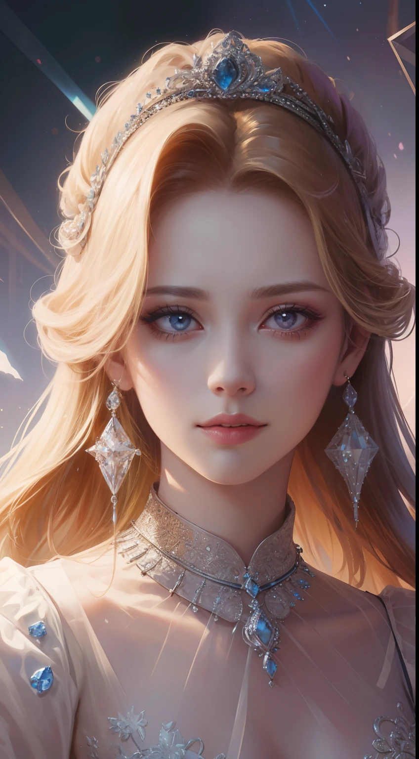 Beautiful transparent Barbie princess, Transparent and colorful petals, Delicate face,The blonde hair fluttered in the wind、Princess Dress,Beautiful blue sky and white clouds、The princess has a beautiful crown、A kind smile、Beautiful garden background、Gentle and transparent,Anatomically correct, Delicate pattern,Pink rose space, Soft lighting, ( Bokeh),masterpiece, Very detailed, A magnificent composition, Highest quality, 8k,Epic romantic fantasy digital art,Epic fairy tale fantasy digital art,mythic fantasy,UHD resolution,Detailed detailed view,Realistically,Very realistic,Cinema Lighting,Award-winning photo,Rich colors,Ultra-realistic texture,Dramatic lighting