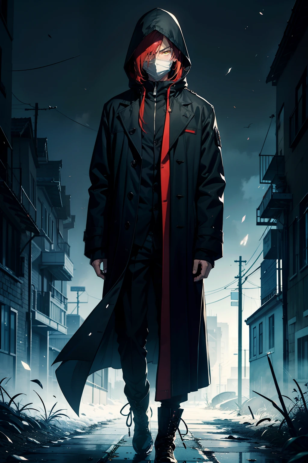 Male character, Yellow eyes: 2:4 , Red hair, hair slightly covering eyes, large black hood covering face, overcoat closed, expressionless appearance, black boots, in sad mood