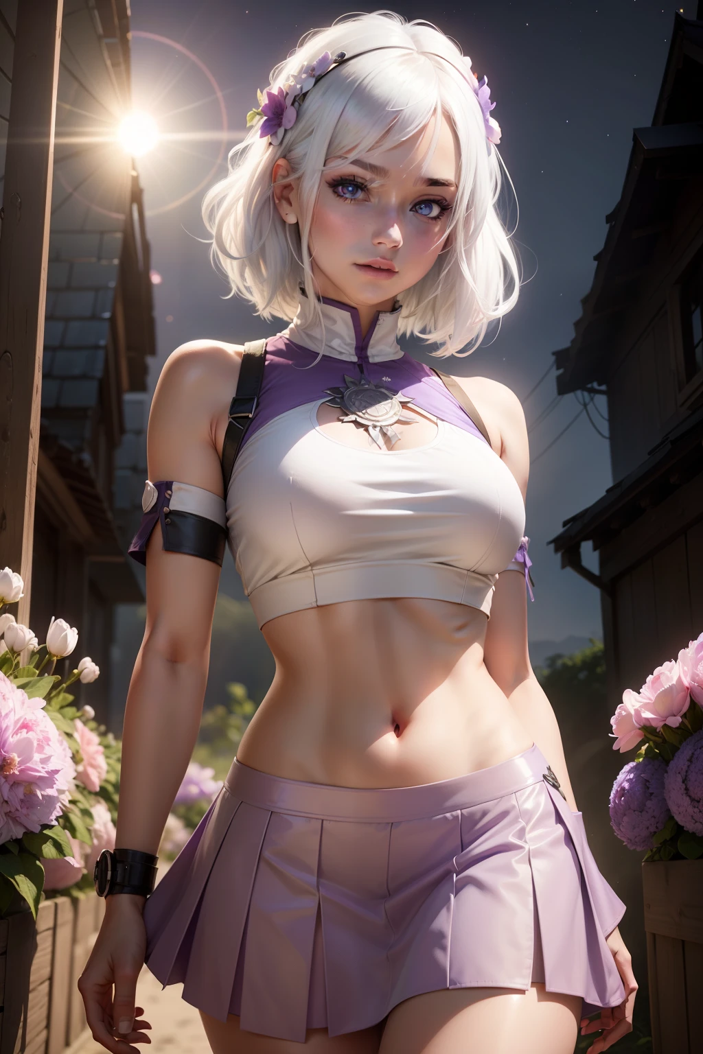 realistic, 1girl, white hair, purple eyes, glowing eyes, crop top, skirt, parted lips, blush, night, flowers, sun, sunlight,