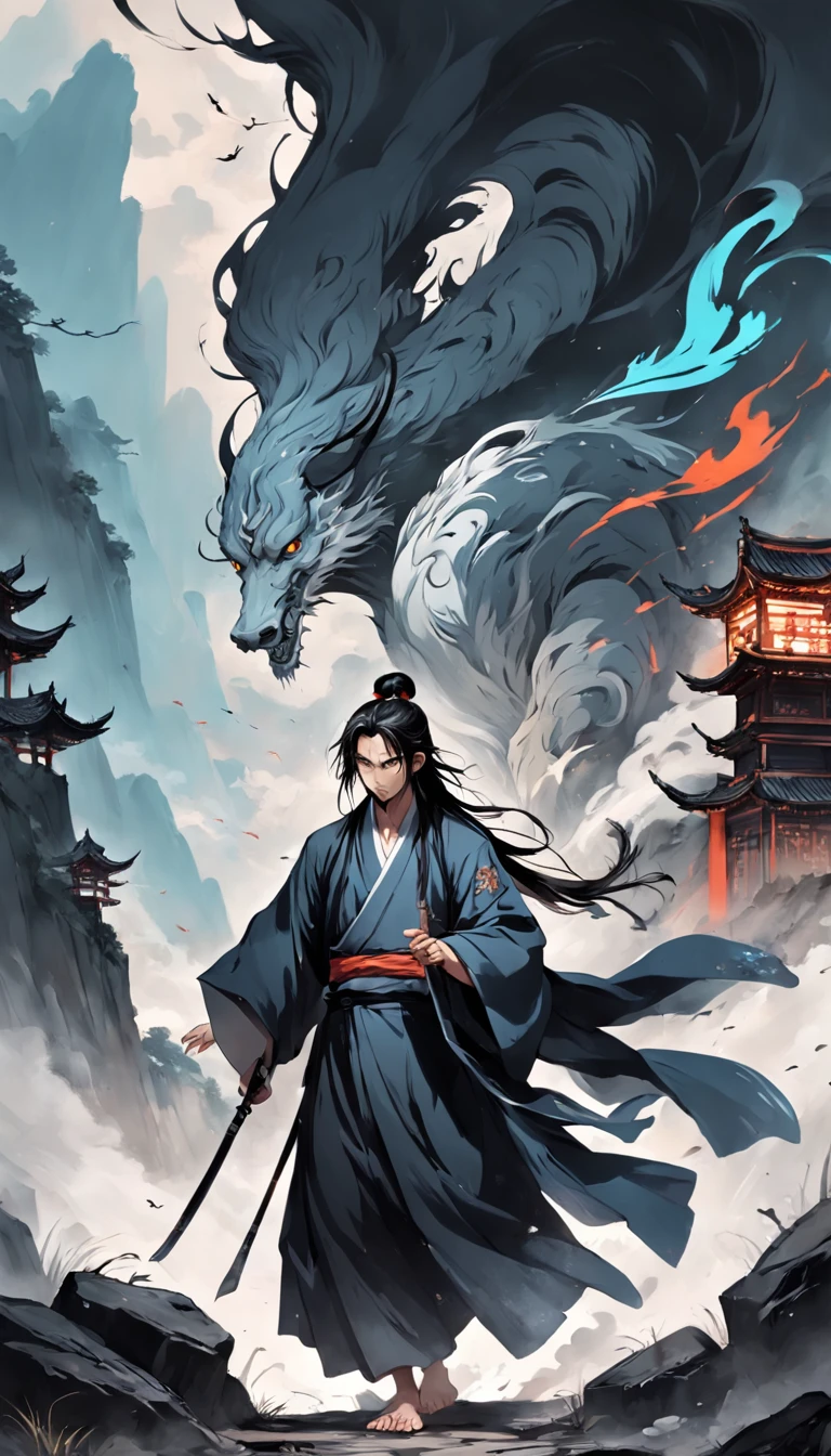 Chinese ink style,ink,Smudge,Young Taoist,One hand holds a sword behind him,Sword Tip asked。,Cultivate into an immortal,Fairy Wind Bone Road,Tai Chi totem background,Black and white illustration,long and flowing hair,Wide robe,8K,super-fine