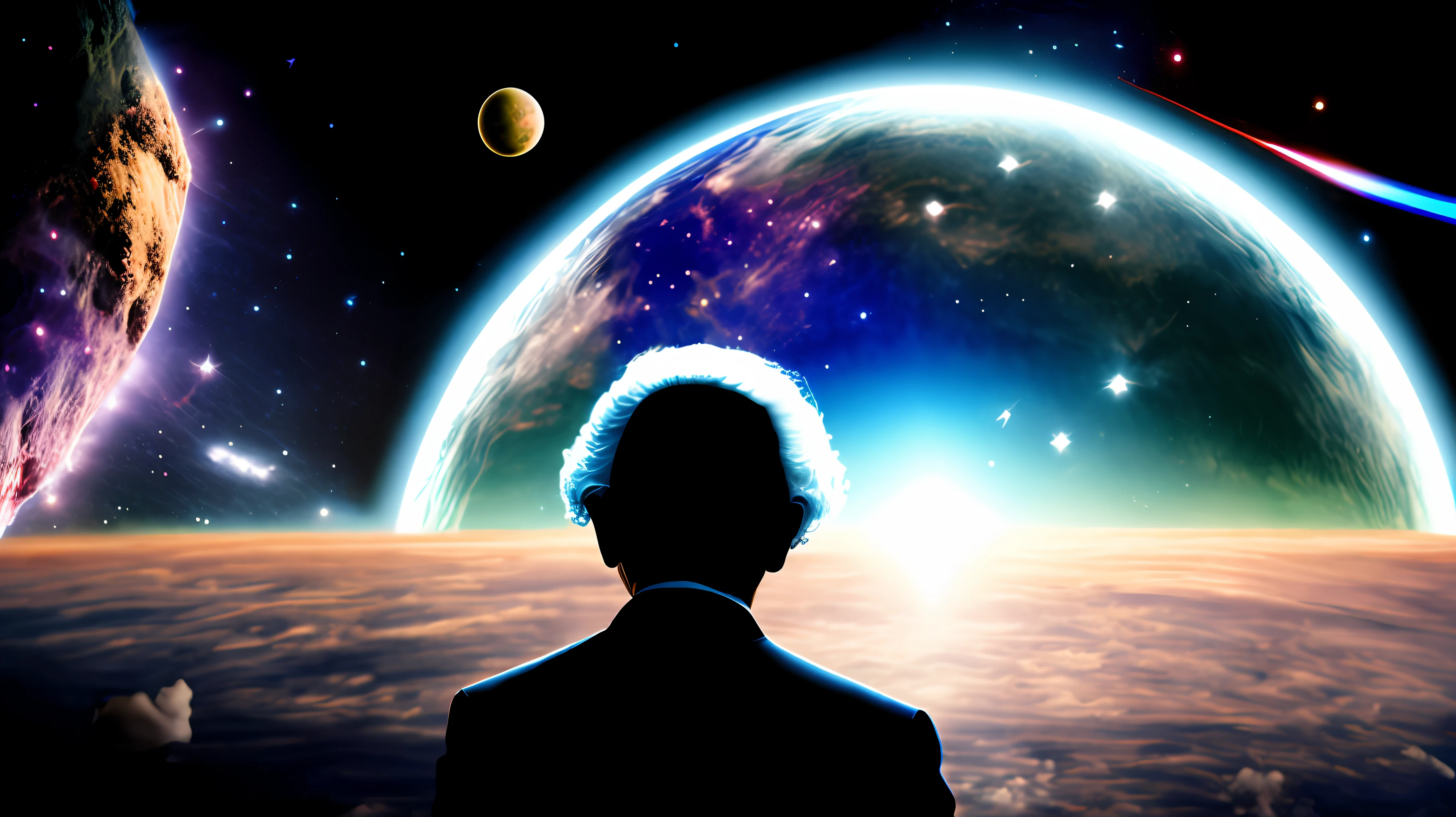 Albert Einstein looking at the cosmos in space