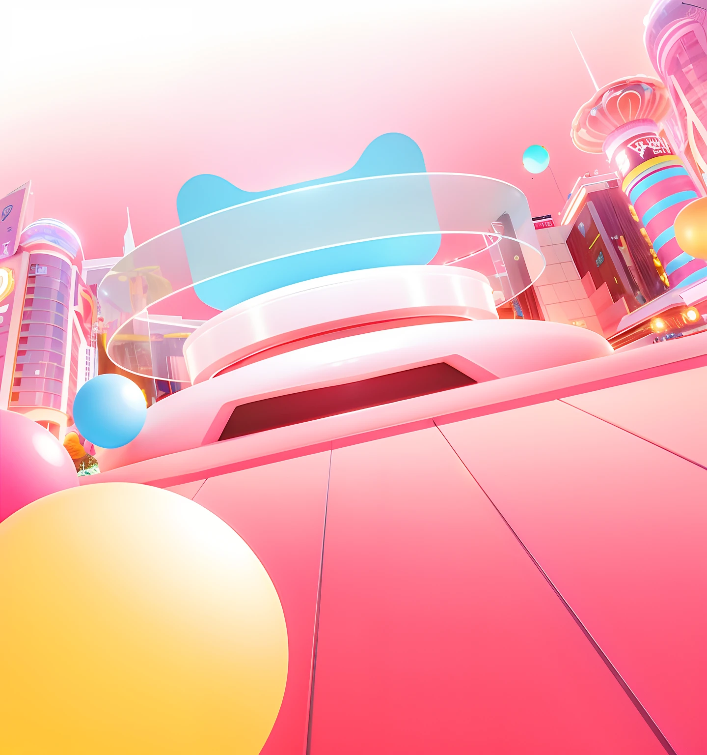 In the city, mall background, futuristic urban background, cinema 4d colorful render, 3 d stylize scene, in style of 3d render, futuristic urban background, neon city domes, 3D illustration, 3 D 插图, 3d grainy aesthetic illustration, style hybrid mix of beeple, colorful retrofutur,Paradise world/Carnival City,3Drenderingof,Dopamine Mood Paradise,Summer carnival style,Lovely and sophisticated building,shop,balloons,Clear glass,Premium texture,high-class details,Studio lights