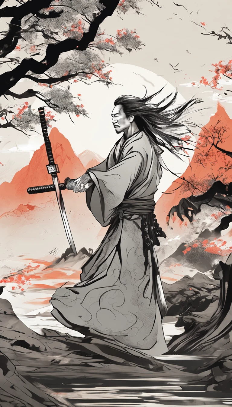 Chinese ink style，ink，Smudge，Young Taoist，One hand holds a sword behind him，Sword Tip asked。，Cultivate into an immortal，Fairy Wind Bone Road，Tai Chi totem background，long and flowing hair，Wide robe，8K，super-fine