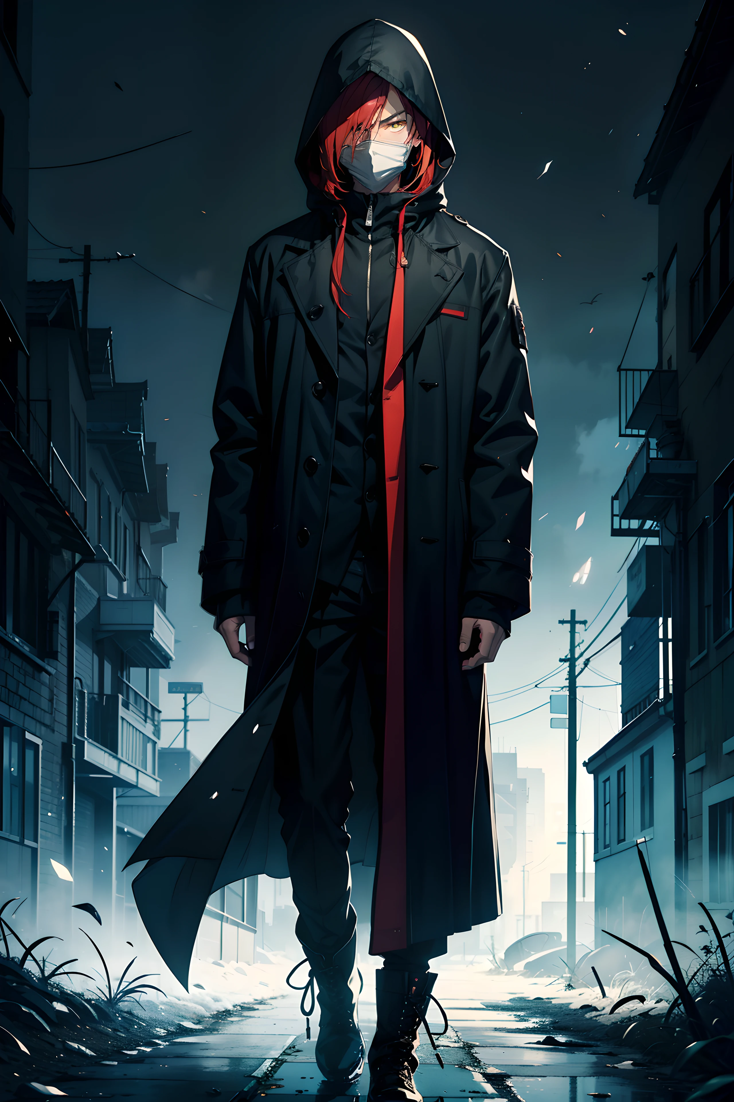 Male character, Yellow eyes: 2:4 , Red hair, hair slightly covering eyes, large black hood covering face, overcoat closed, expressionless appearance, black boots, in sad mood