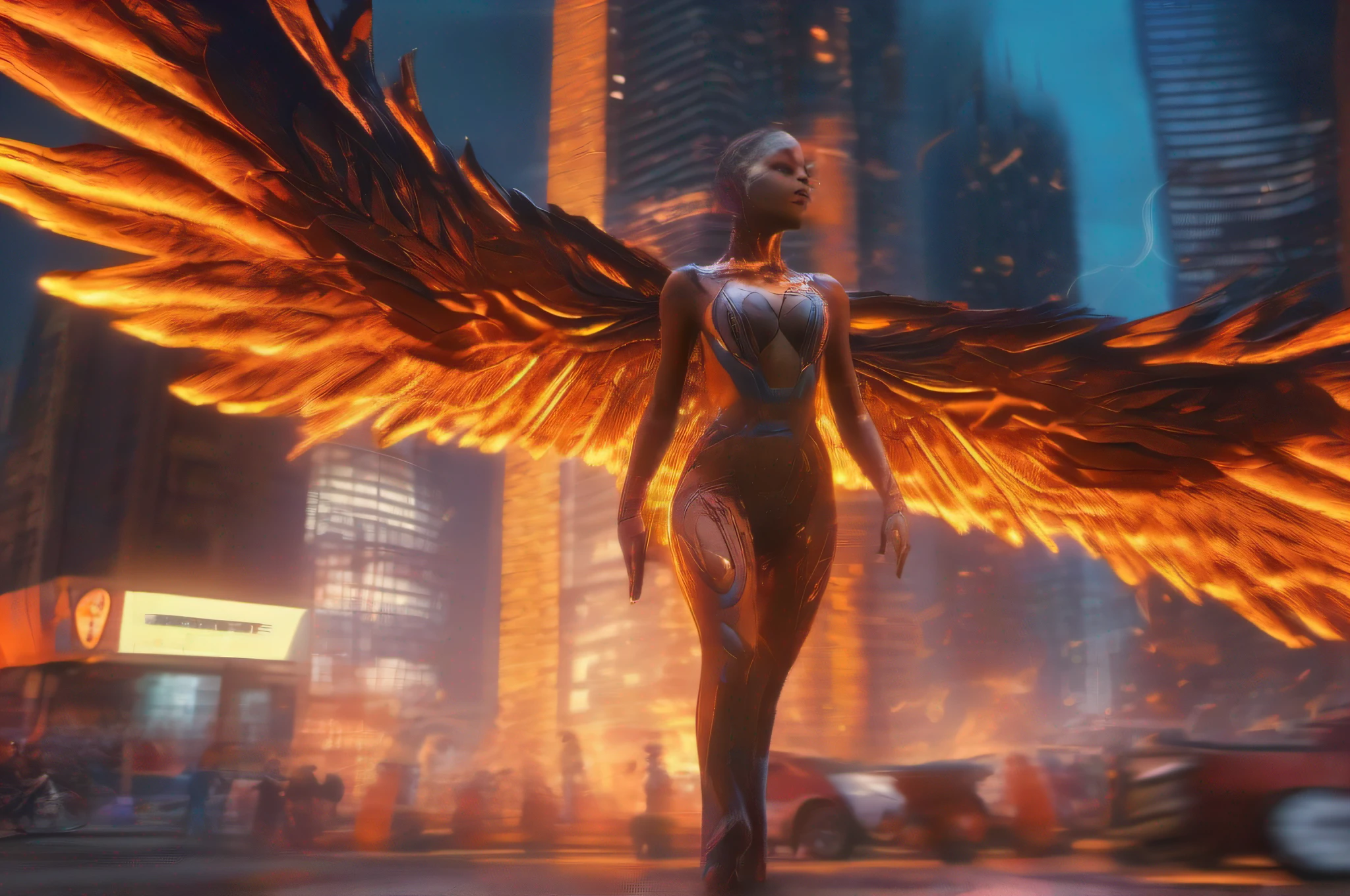 A 4K CGI and digital painting with dramatic orange and blue lighting of an evil fallen angel-cyborg fembot fire elemental decisively soaring with massive flaming wings in motion over a neon futuristic cityscape with towering buildings amid swirls of smoke, using dynamic focus and motion blur, low angle and top down compositions, highly detailed CGI textures of the fiery wings as buildings collapse and terrified people flee through streets engulfed in flames under contrasting light and shadows.