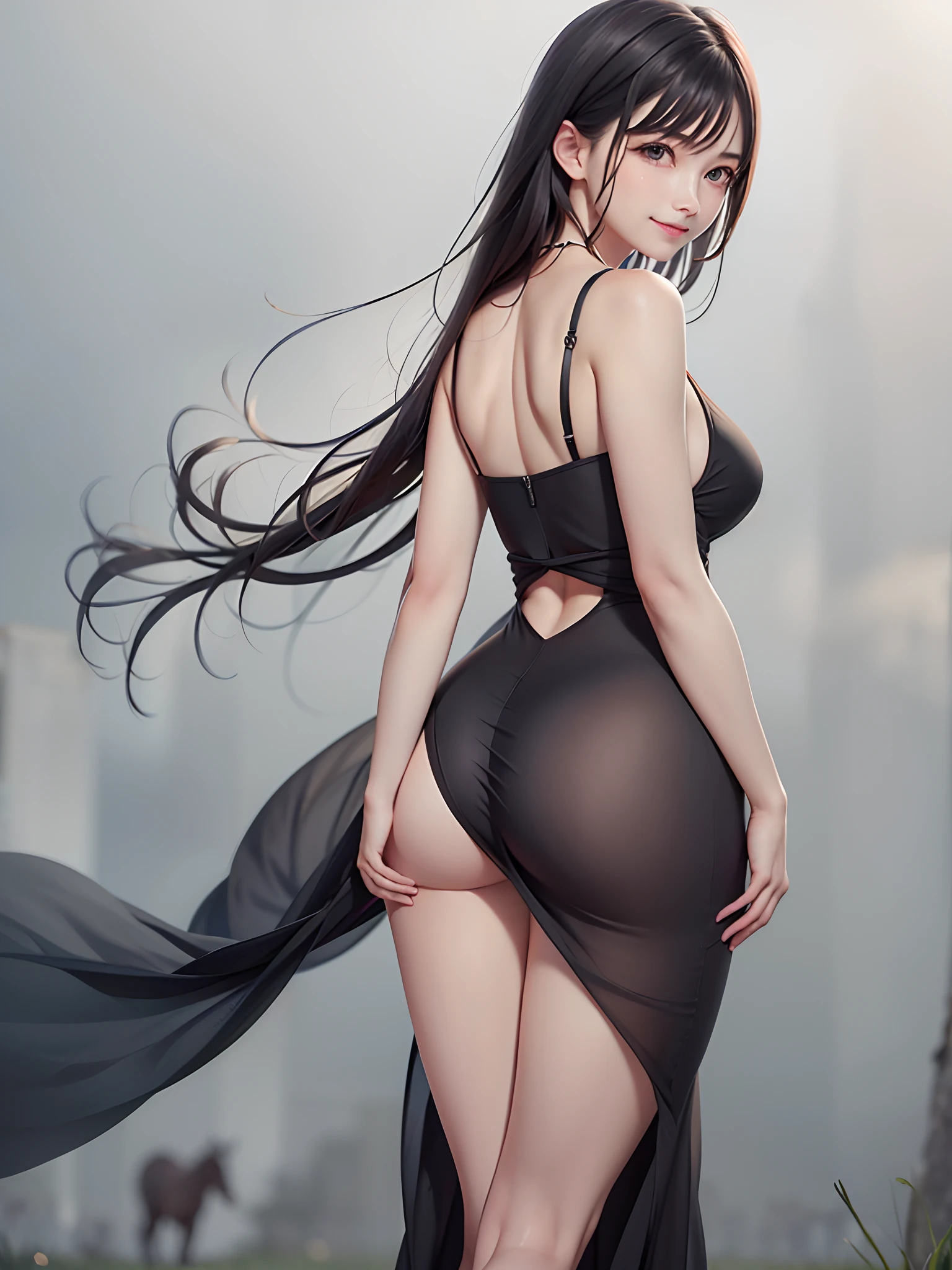 (RAW photo:1.2), (Photorealistic:1.4),(Masterpiece:1.3),(Best quality:1.4), Dreamlike, (Detailed eyes),(Detailed facial features), (detailed clothes features), skin tight, (Shiny skin),(slender girl),(Slim girl), 1girll,Solo, Cute, Innocent, smlie, VirtualGirl-Aim, (Medium breasts), bangs, Straight hair, Long hair, Black hair, Black eyes, a crystal pendant, Long dress, (Floating hair:1.6), (pastures), (Horses in the distance), (Sunset), (prime time:1.6), (Backlight:1.2), (Natural sunlight from behind:1.4)