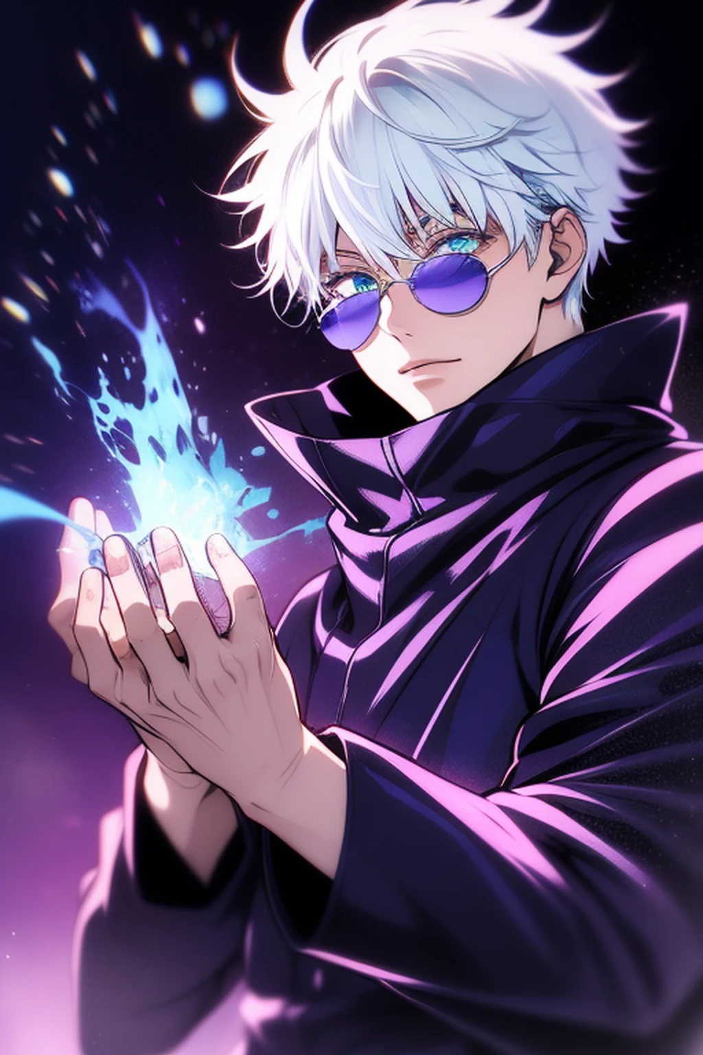 ((High detail、Cinematic lighting))、messy white hair、aquamarine eyes、white lashes、raios de deus、ray tracing、sombra projetada、optical illusion、Parte superior do corpo、looking at the camera、master part、((Super Detalhe、best quality、8k))、Jujutsu Kaisen、Gojo Gojo、Traje preto、Surgical deployment、Fundo preto do jato perfeito、olhar sereno、Ser Poderoso、mystic atmosphere、(Estranho luar、Ominous shadows、 Aura azul intensa、 Aura vermelha intensa、Symbol of the power that surrounds you、Radiating Magical Energy、Mystical artifacts、Ether particles、dinamic pose、Epic Soundtrack、a sense of wonder、(((Detailed hand)))、Sunglass