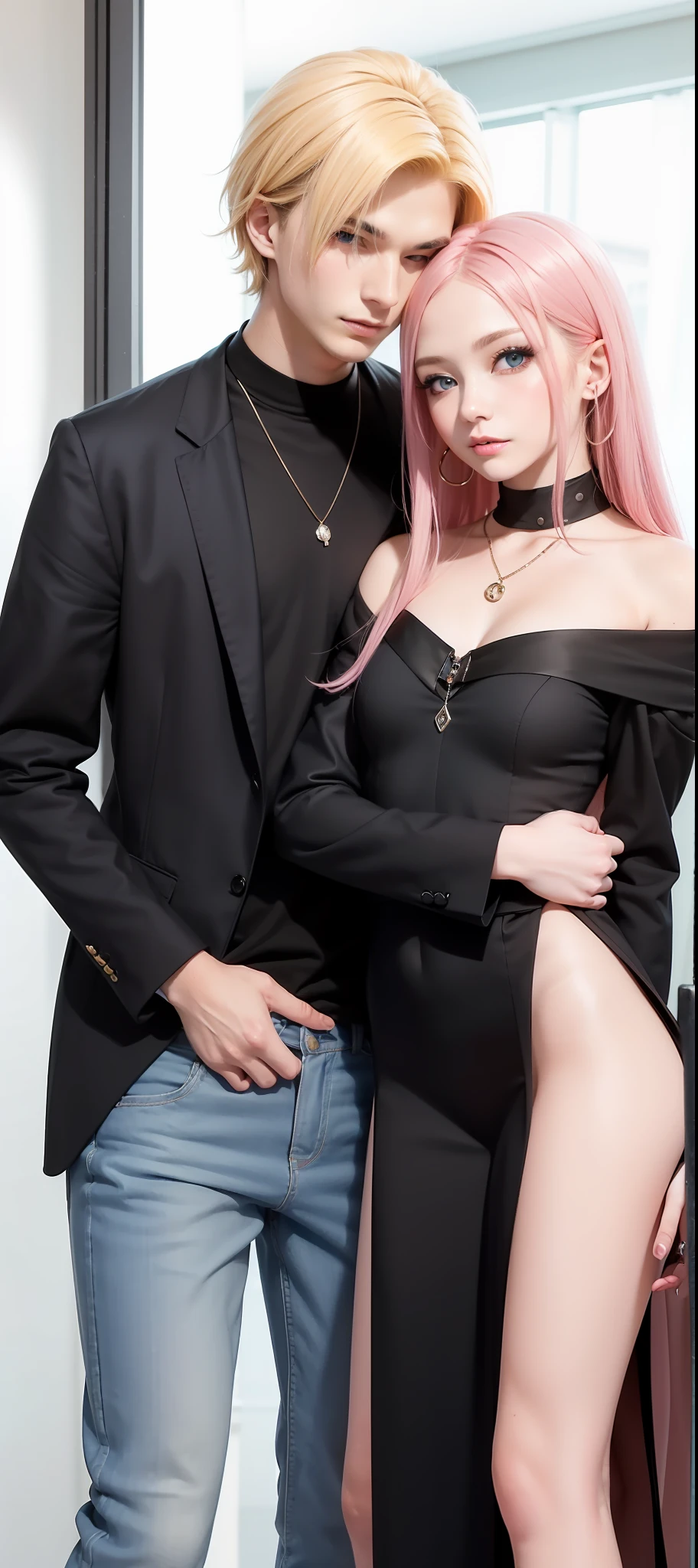 ​masterpiece, top-quality, 2Others, Male and female couples, 1 man and 1,, Adults, Height difference, different fashion, different color, finely eye and detailed face, intricate detailes, Casual clothing, Oversized shirt, Modern urban streets, Hands on back, A smile, Happiness, tenderness, high-level image quality、 Beautiful men and women、tall、hug from behind、Trying to kiss、Kissing each other, window、nightfall、nighttime scene、𝓡𝓸𝓶𝓪𝓷𝓽𝓲𝓬、Korean Male, Idol Photos, k pop, Professional Photos, Vampires, Korean fashion in black and white, Fedoman with necklace, inspired by Sim Sa-jeong, androgynous vampire, :9 detailed face: 8, extra detailed face, detailed punk hair, ((asa)) baggy eyes, Seductive. Highly detailed, semi realistic anime, Vampires, hyperrealistic teen, delicate androgynous prince, imvu, short hair above the ears, Man with short hair, Woman with long hair, With a man with a glaring expression, Woman with a gentle expression, ((With a man with blonde short hair and light blue eyes)), ((Woman with pretty long pink hair and light blue eyes)), With two children